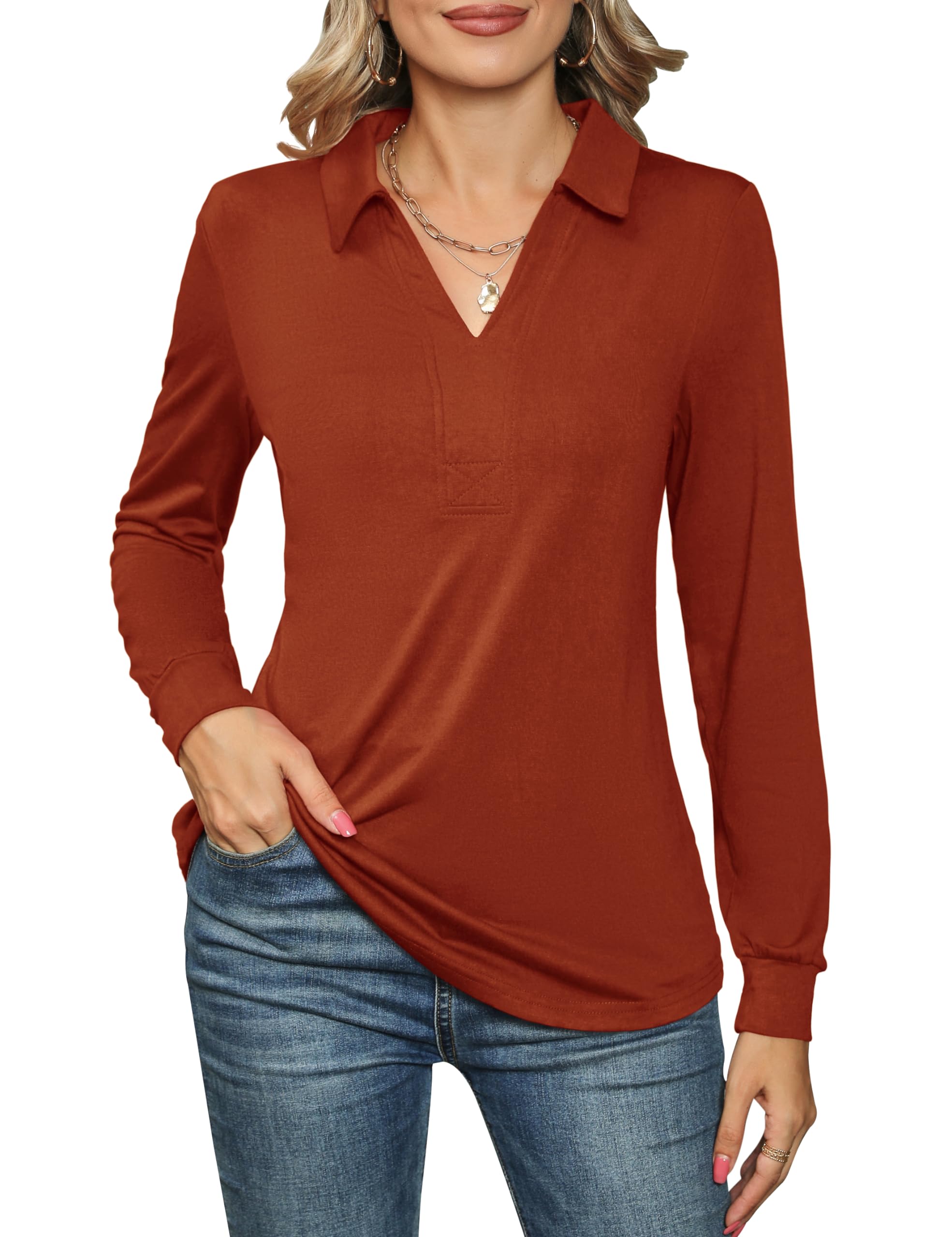ZHENWEI Womens Long Sleeve Collared Tops Business Casual Polo Shirts Spring V-Neck Cute Blouses Tee