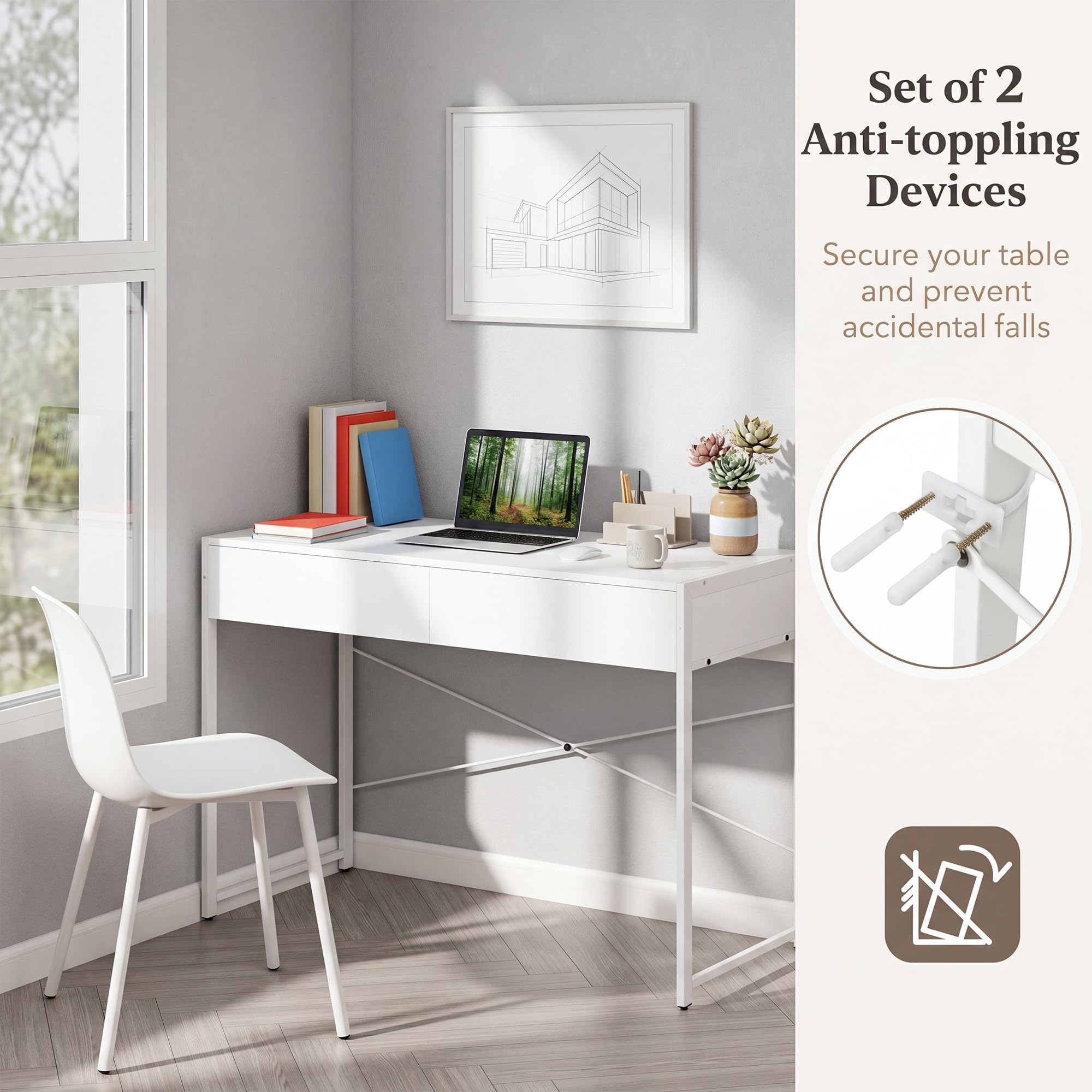 KOMFOTTEU Escritorio con 2 Cajones, Mesa Escritorio Ordenador con Marco Metálico, Mesa de Trabajo Moderna para Oficina, Dormitorio, Estudio, Despacho, 111 x 48 x 76 cm (Blanco)