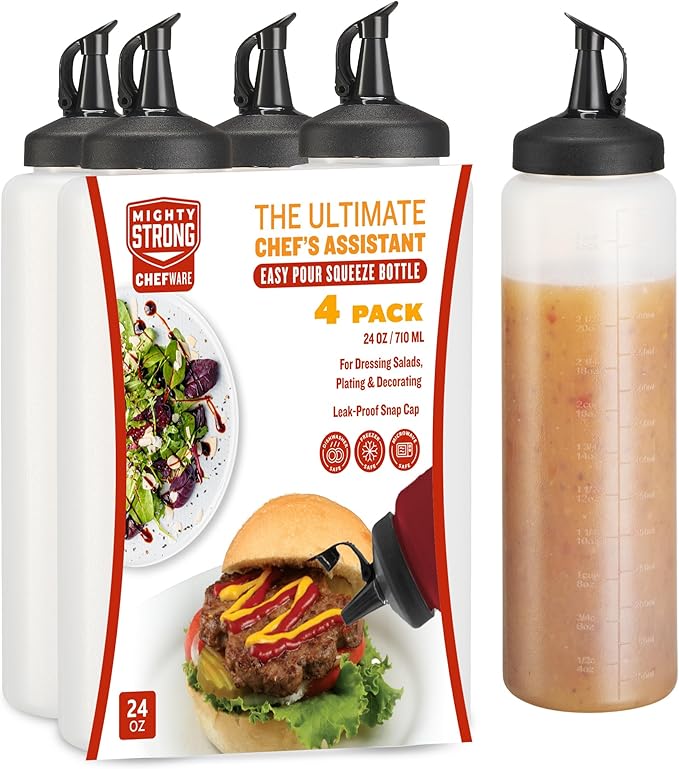 MIGHTY STRONG 4 Pack Condiment Squeeze Bottles 24 Oz Easy Pour Sauce Bottles With