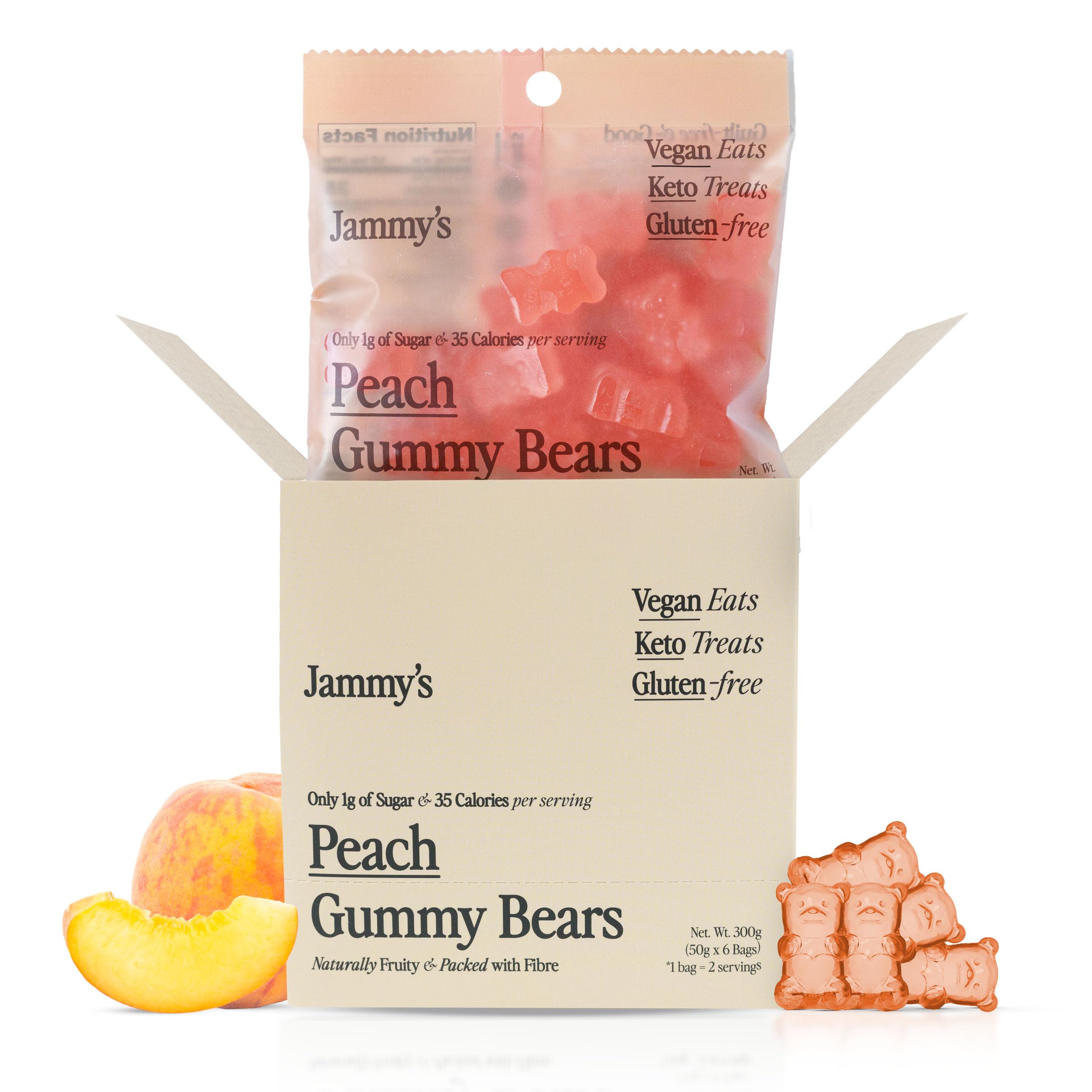 Jammy's™ - Peach Gummy Bears | Sugar-Free & Vegan-Friendly | Keto-Friendly, Gluten-Free, Low Carb, High Fibre & Naturally Fruity | Delicious, Soft & Chewy | Box of 6 x 50g Bags