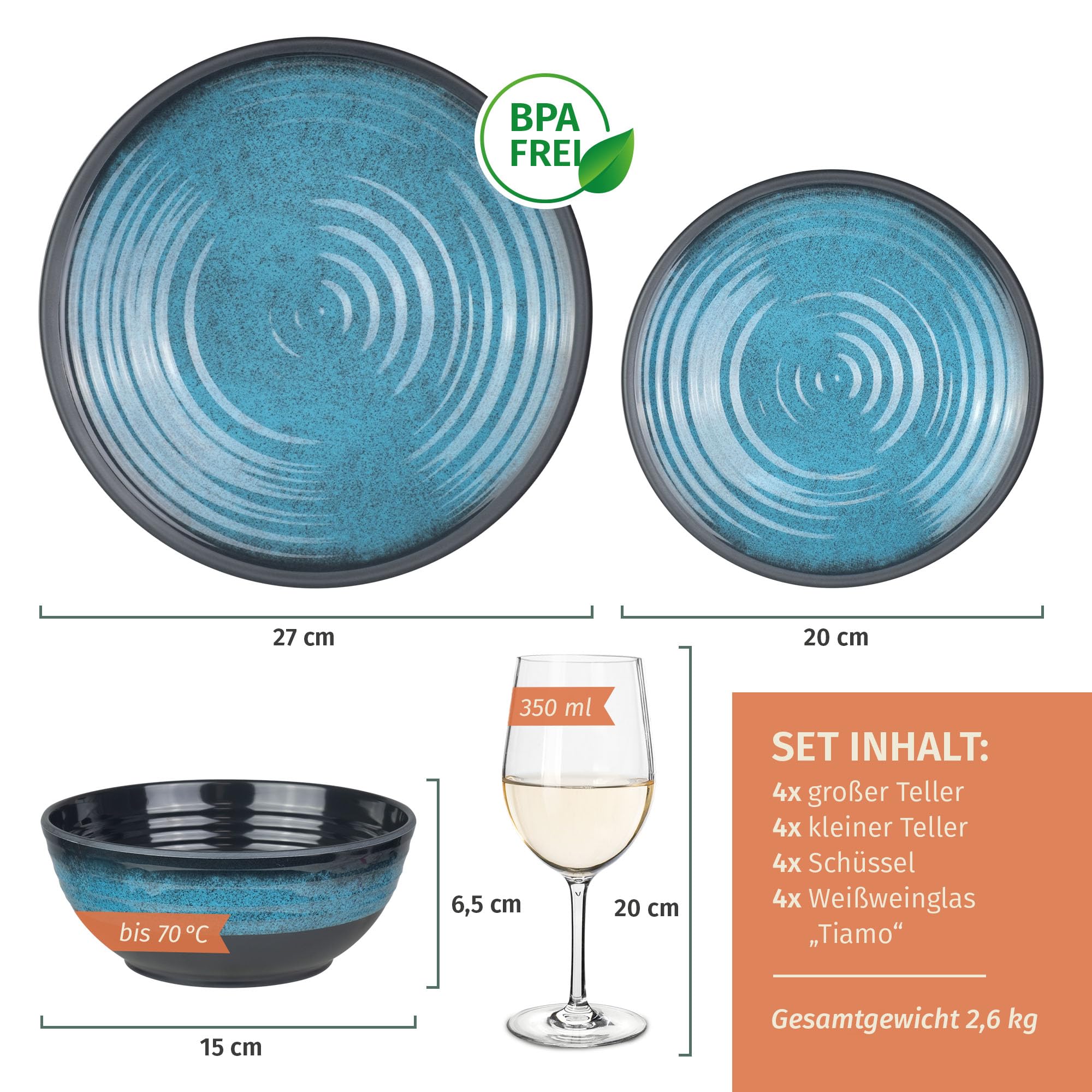 Vajilla de melamina para camping, 4 personas, color azul piedra + 4 vasos de vino blanco Tiamo vajilla de mesa de picnic barbacoa