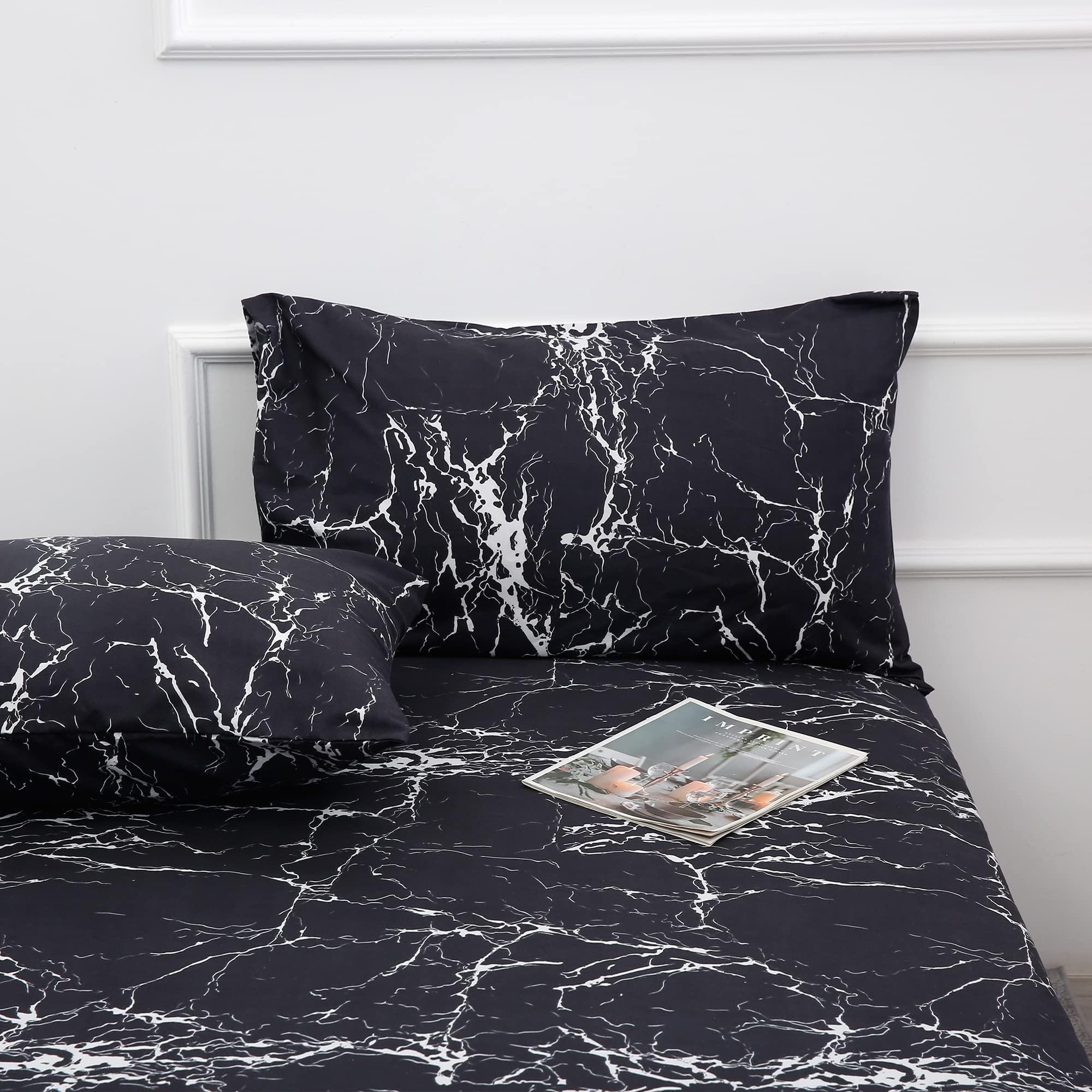Best Season Bed Sheet Set 4 Pieces -Queen Size-Soft Durable Microfiber Bedding Sheet Set,Deep Pocket,Stain,Fade & Wrinkle Resistant(Black Marble)