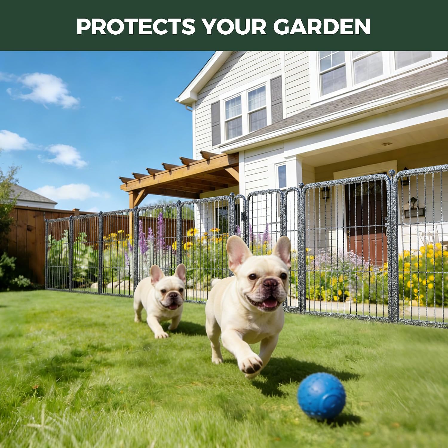 FXW Garden Fence Outdoor for the Yard – 24in(H) x 15.2ft(L) Heavy Duty Metal Animal Barrier for Dog, No Dig Decorative Dog Fence, 8 Panels, Silver