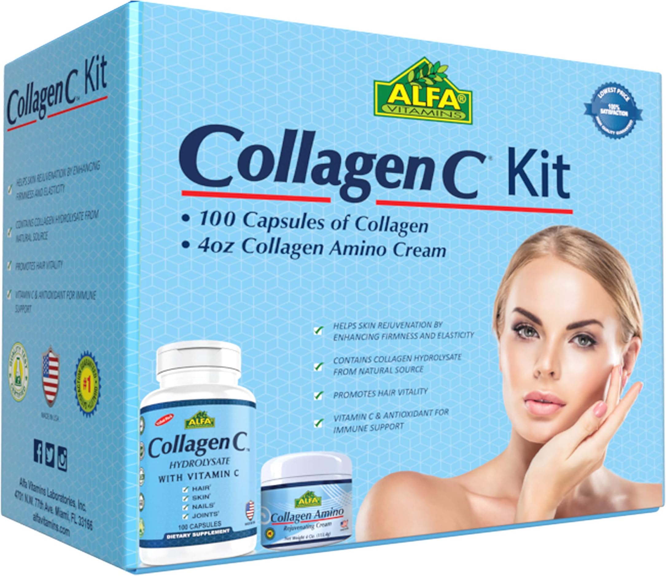 CollagenC - Collagen Kit 2 Pieces - Collagen Hydrolysate Capsules - Collagen Amino Cream - Anti Aging - Anti Wrinkle - Double the benefits through oral intake and skin rejuvenating cream