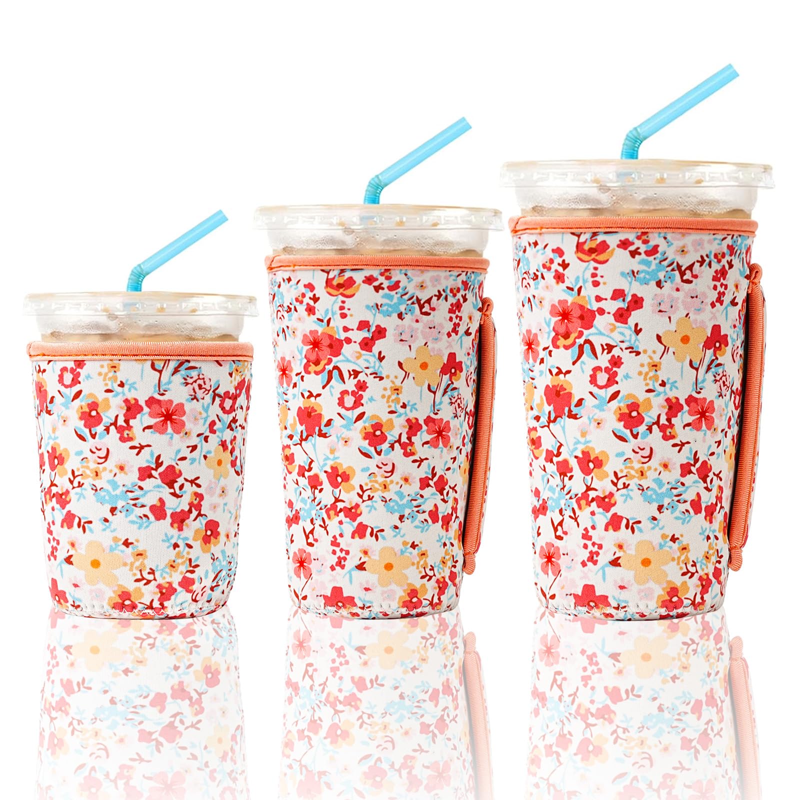 KJQJLY 3 Pack Reusable Iced Coffee Sleeves for Iced Coffee Cups or Drinks Reusable Neoprene Insulated Sleeves for Hot and Cold Drinks from Starbucks, Dunkin, And More (Light orange floral)