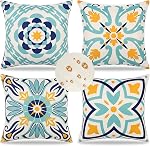 Dremisland Outdoor Throw Pillow Covers Waterproof Pillow Covers 18x18 Set of 4 Boho Linen Throw Pillow Covers Modern Blue Decorative Pillow Case for Patio Garden Balcony Couch Deck Chair