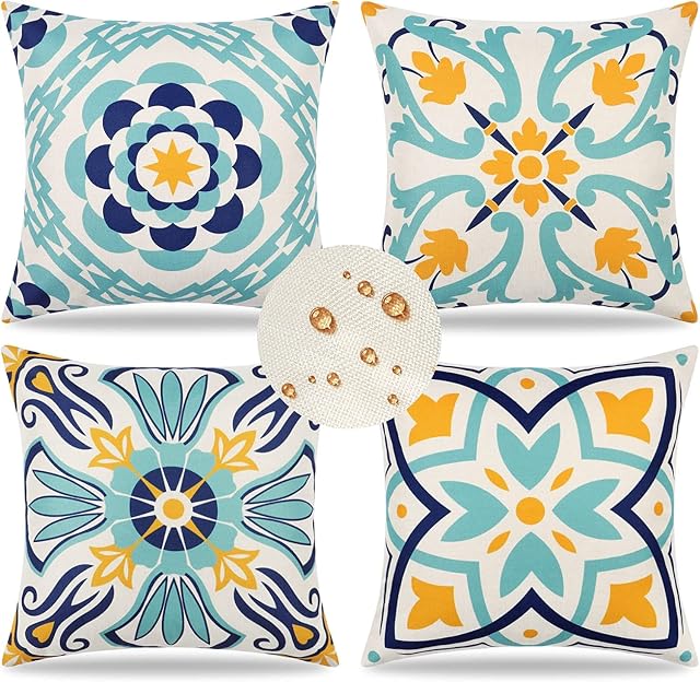 Dremisland Outdoor Throw Pillow Covers Waterproof Pillow Covers 18x18 Set of 4 Boho Linen Throw Pillow Covers Modern Blue Decorative Pillow Case for Patio Garden Balcony Couch Deck Chair