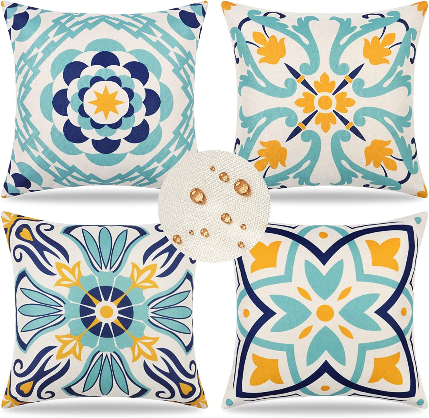 Dremisland Outdoor Throw Pillow Covers Waterproof Pillow Covers 18x18 Set of 4 Boho Linen Throw Pillow Covers Modern Blue Decorative Pillow Case for Patio Garden Balcony Couch Deck Chair