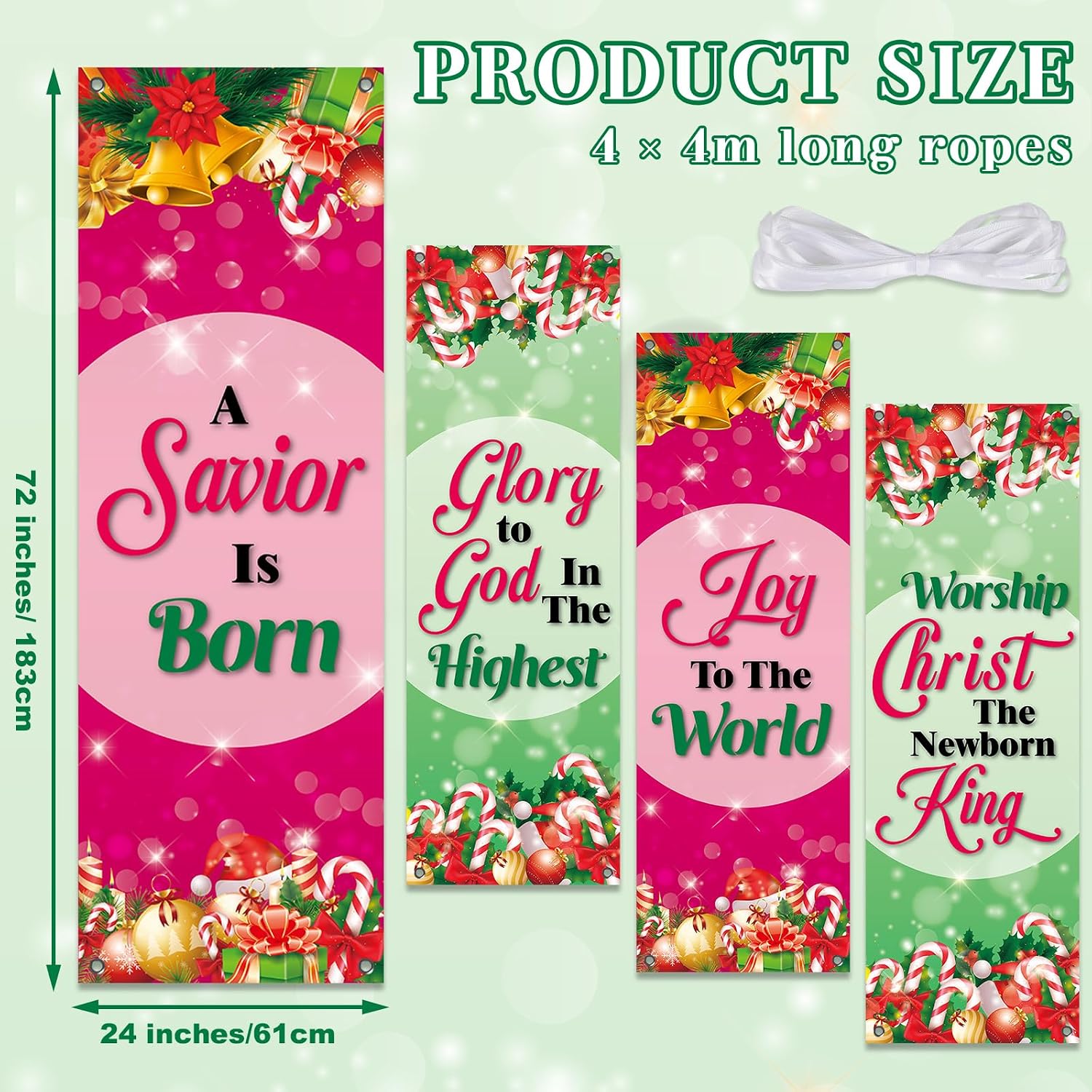 4Pcs Christmas Church Banners for Sanctuary Wall Inspirational Religious Hanging Signs Backdrop Xmas Candy Cane Christian Scripture Bible Verse Exquisite Banner for Holiday Sunday School Wall Decor