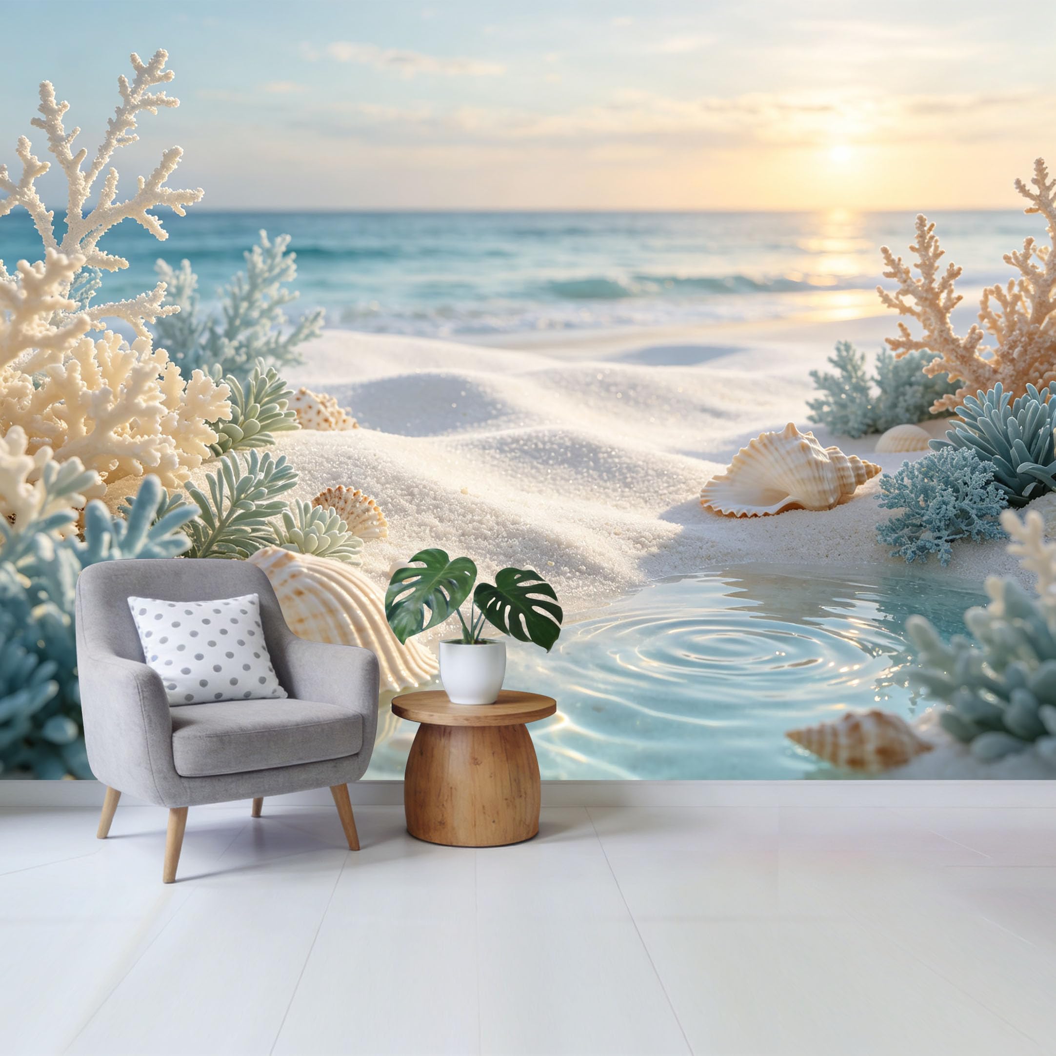 Qzlithotic Yq2605250282 Custom Size Wall Mural Coastal Sunset Sea Shore White Sand Seashells Coral Reef Tropical Ocean View Selfadhesive Wall Fabric Removable Wallpaper For Home Office Decor