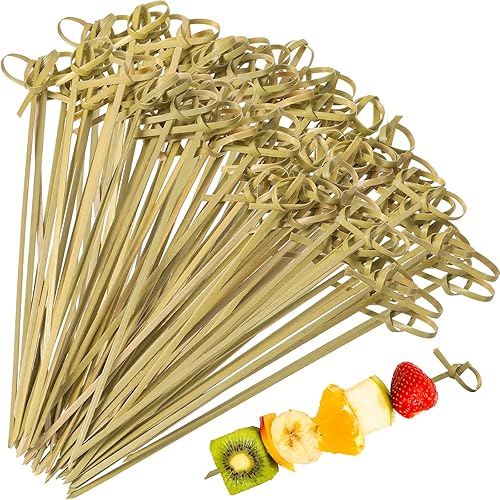 Miniatura 1 de Palillos de cóctel de bambú de 4.72 pulgadas, pinchos de bambú hechos a mano, palillos de dientes de cóctel con nudo en bucle para aperitivos,