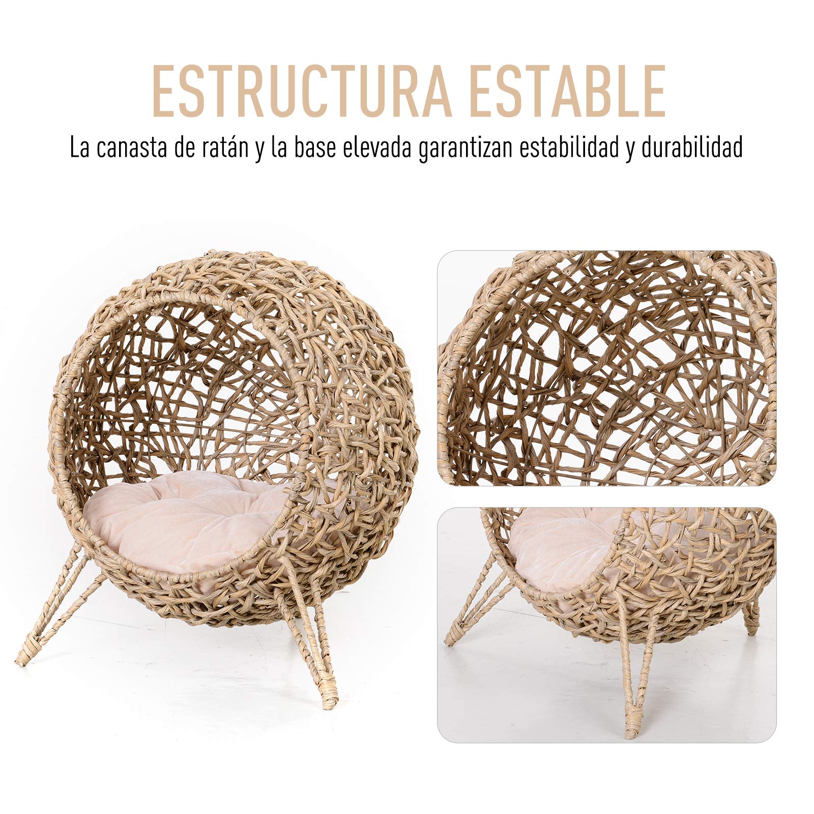 PawHut Cama Cueva de Ratán para Gatos Base Trípode Φ52x58 cm Madera Natural | Mascotas Pequeñas, Cojín de Felpa y Algodón Suave, Diseño Elevado, Estable