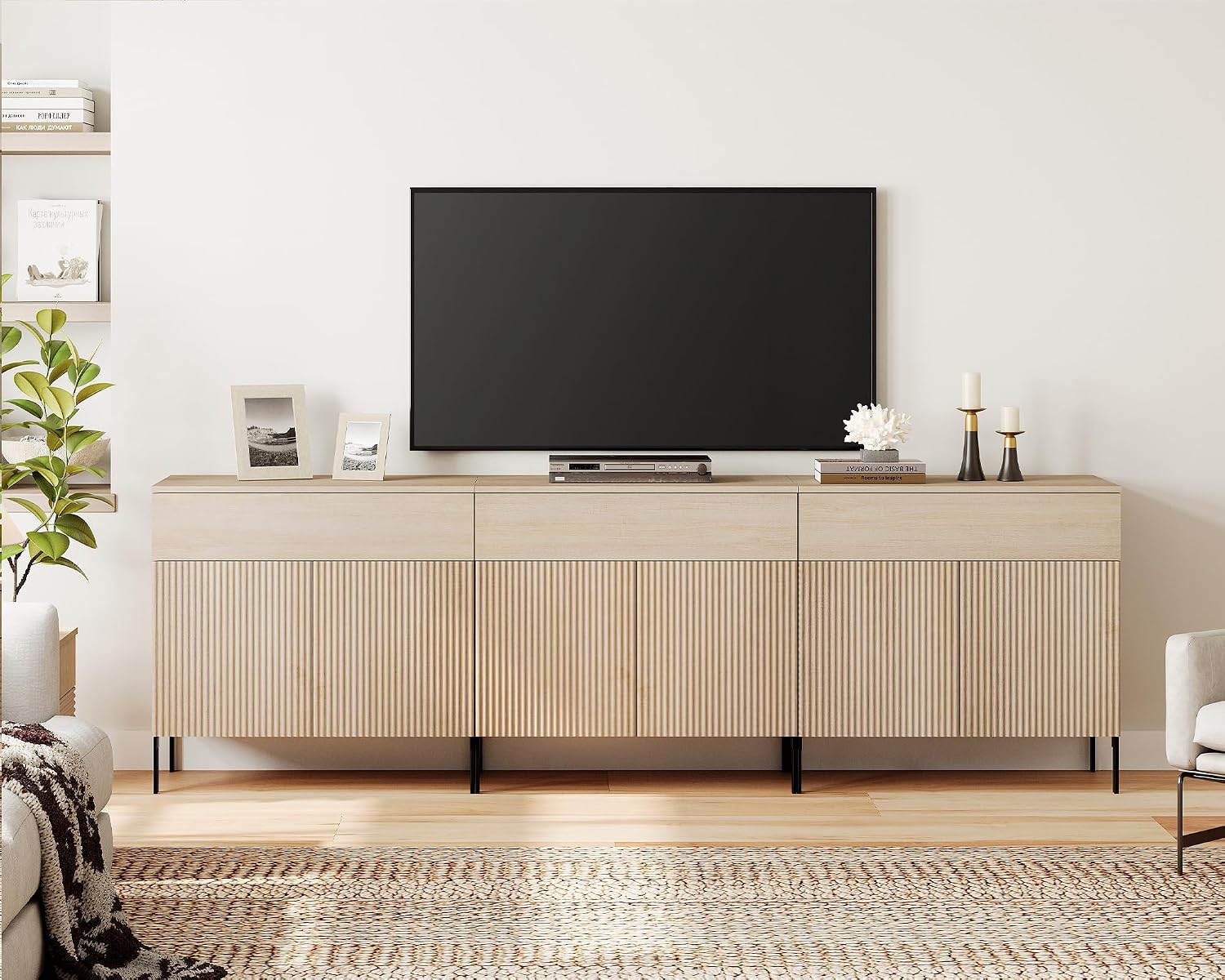 WAMPAT Fluted TV Stand TVs up to 100 inch, 94.5" W Modern TV Entertainment Center with Storage Cabinets and 3 Drawers & 6 Doors, Wood Media TV Console Table with Storage for Living Room, Beige