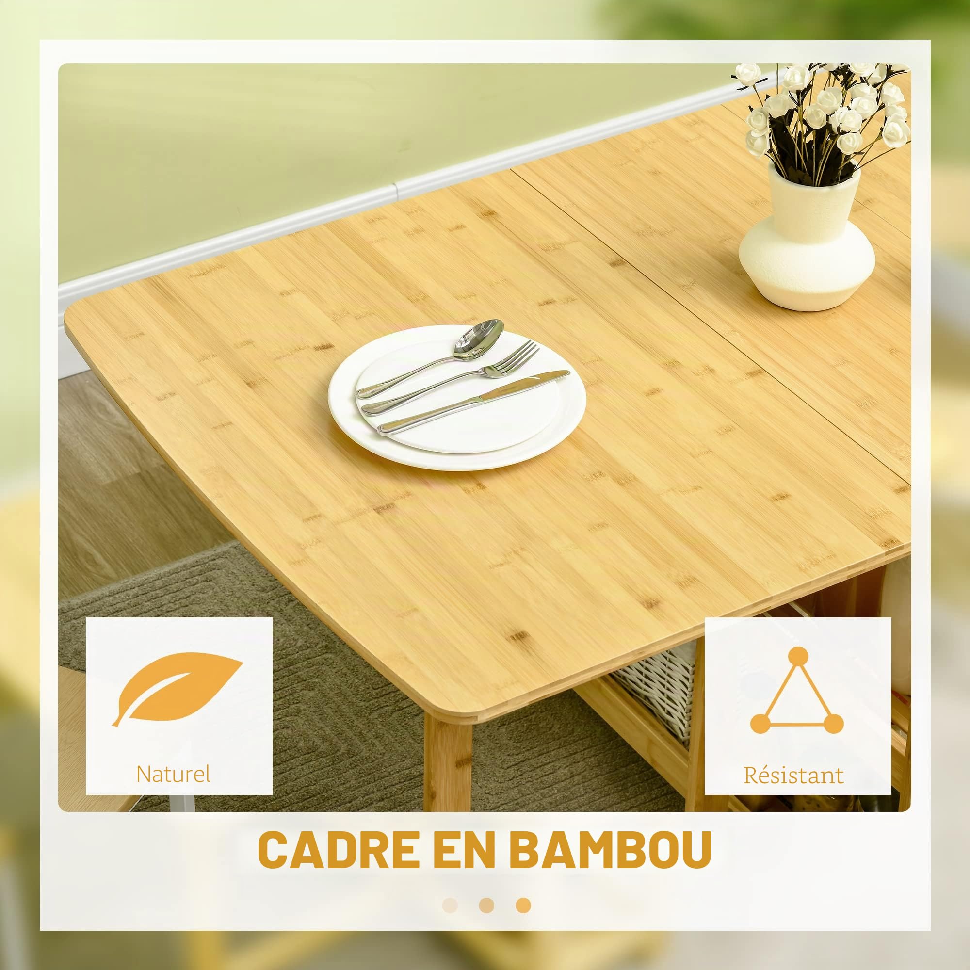 HOMCOM Table Pliante Salle à Manger 6 pers., 149.5x80x73.5cm, Naturel | Avec étagères, table pliante, table de cuisine, table de salle à manger, pour petits espaces, cuisine, salle à manger
