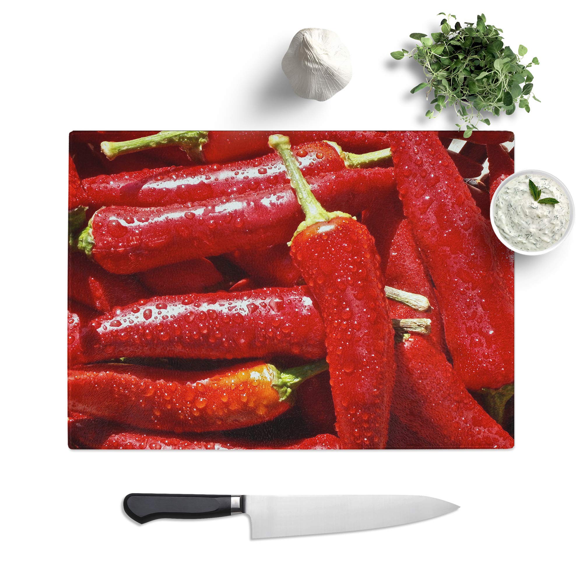 Kitchen Chopping Board Glass - Red Chilli Peppers - Textured Worktop Saver Cutting Board - Heat Resistant, Shatterproof and Hygenic - 28.5 x 20 cm