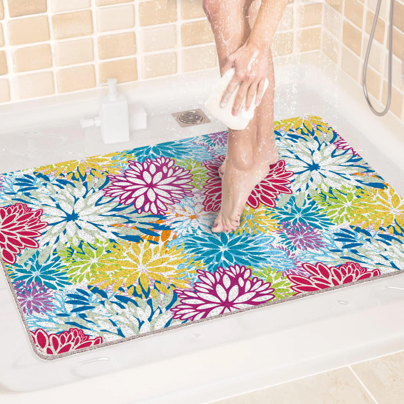 Shower Mat Bath Mat for Inside, 120x240cm PVC Loofah Bathroom Floor Mats, Non-Slip Bathmat Shower Pad with Drain, Quick Drying (Yellow Cyan Red)