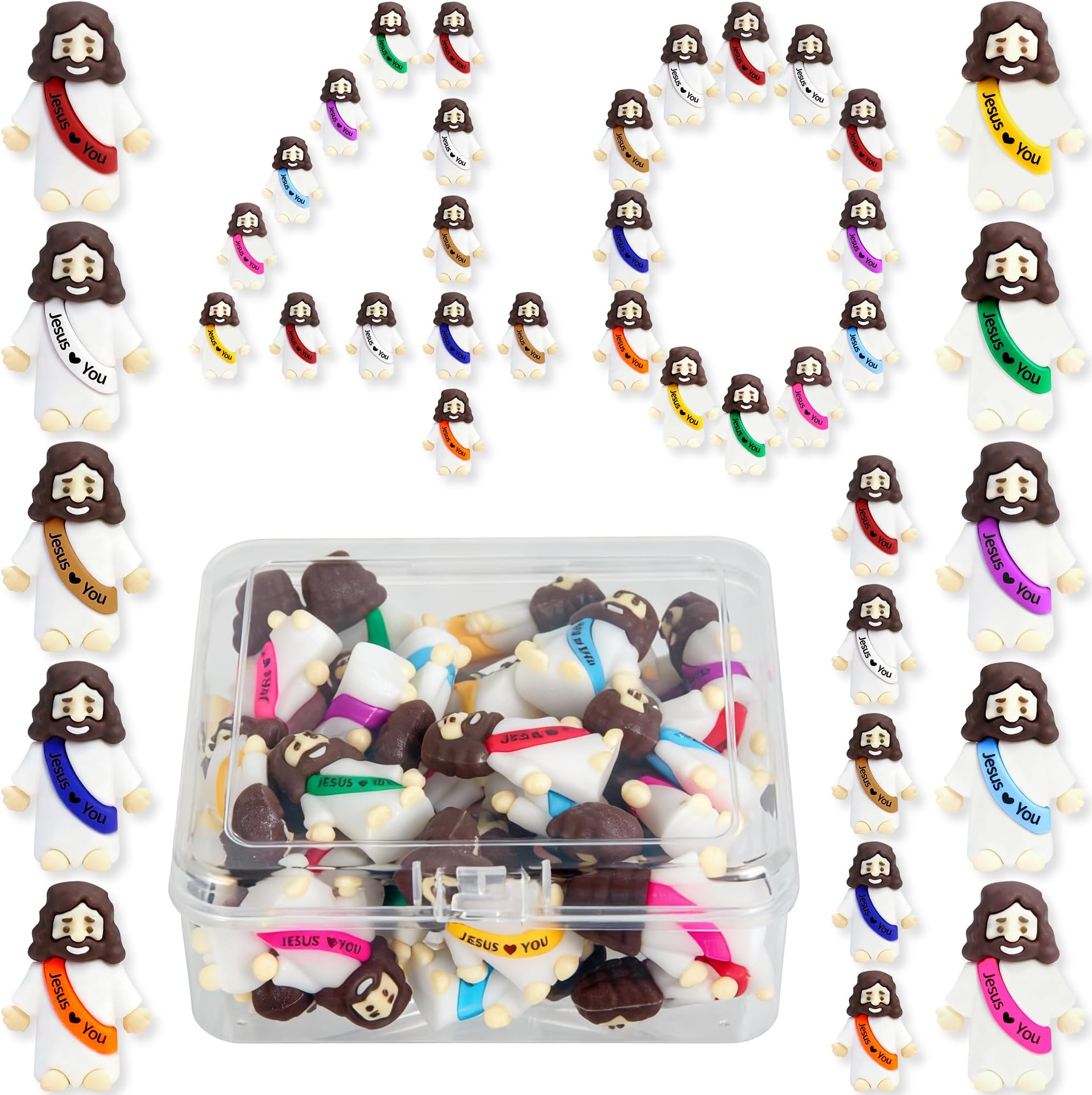 40 Pcs Mini Jesus Figurines in Bulk, Easter Little Jesus Figures With Box, Rubber Tiny Baby Jesus Loves You Figures Christ Toys for Hide and Seek Easter Egg Fillers Party Favors Gifts(Mix 10*40)