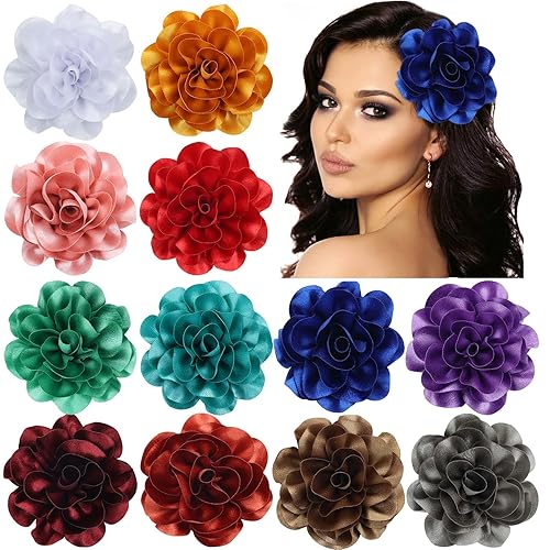 Paquete de 12 pinzas para el cabello de satén sólido con flores grandes, diseño de cocodrilo, horquillas para el cabello, accesorios para mujeres,
