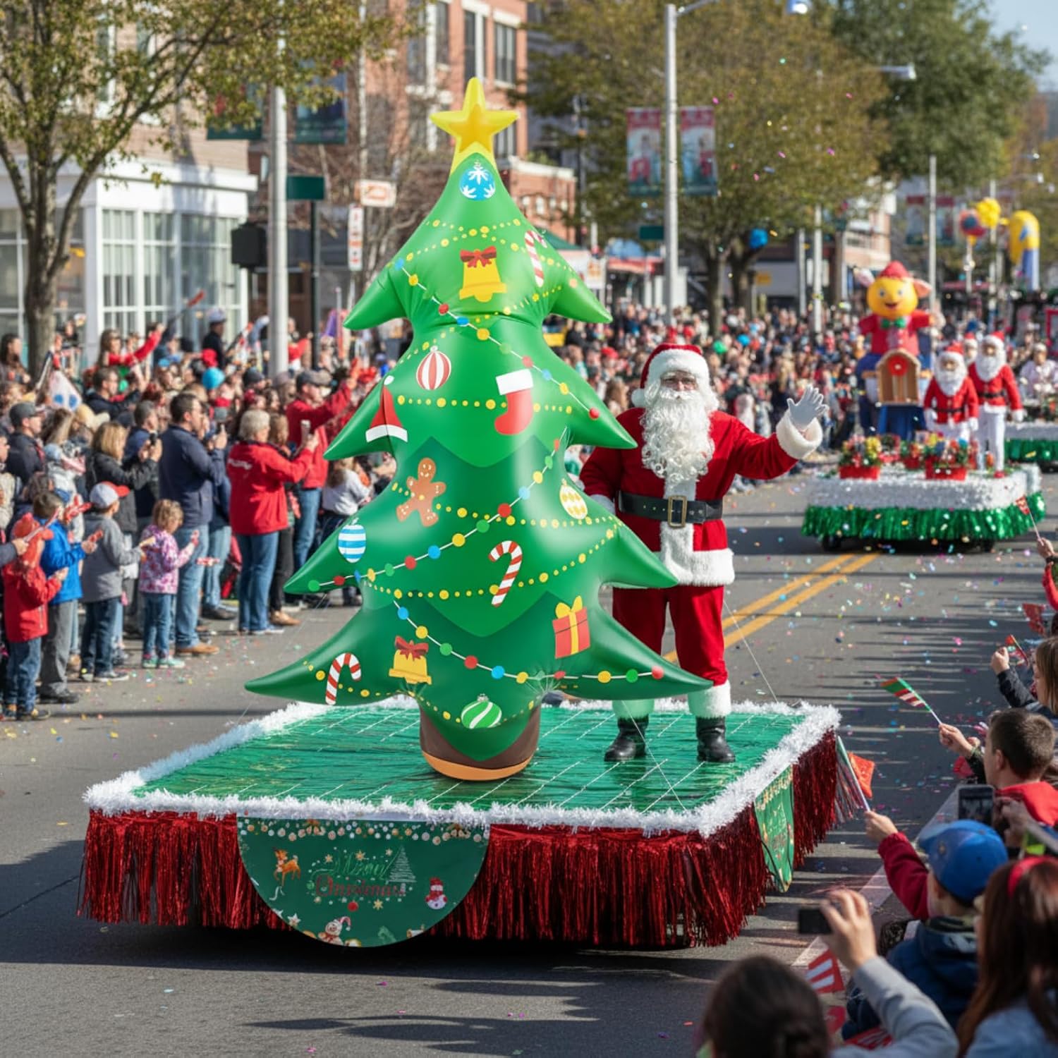 Hungdao 25 Pcs Christmas Parade Float Decorations for Trailer with 63" Giant Inflatable Christmas Tree for Outdoor Display, Glitter Garland, Banners, Flags for Church School Community Event