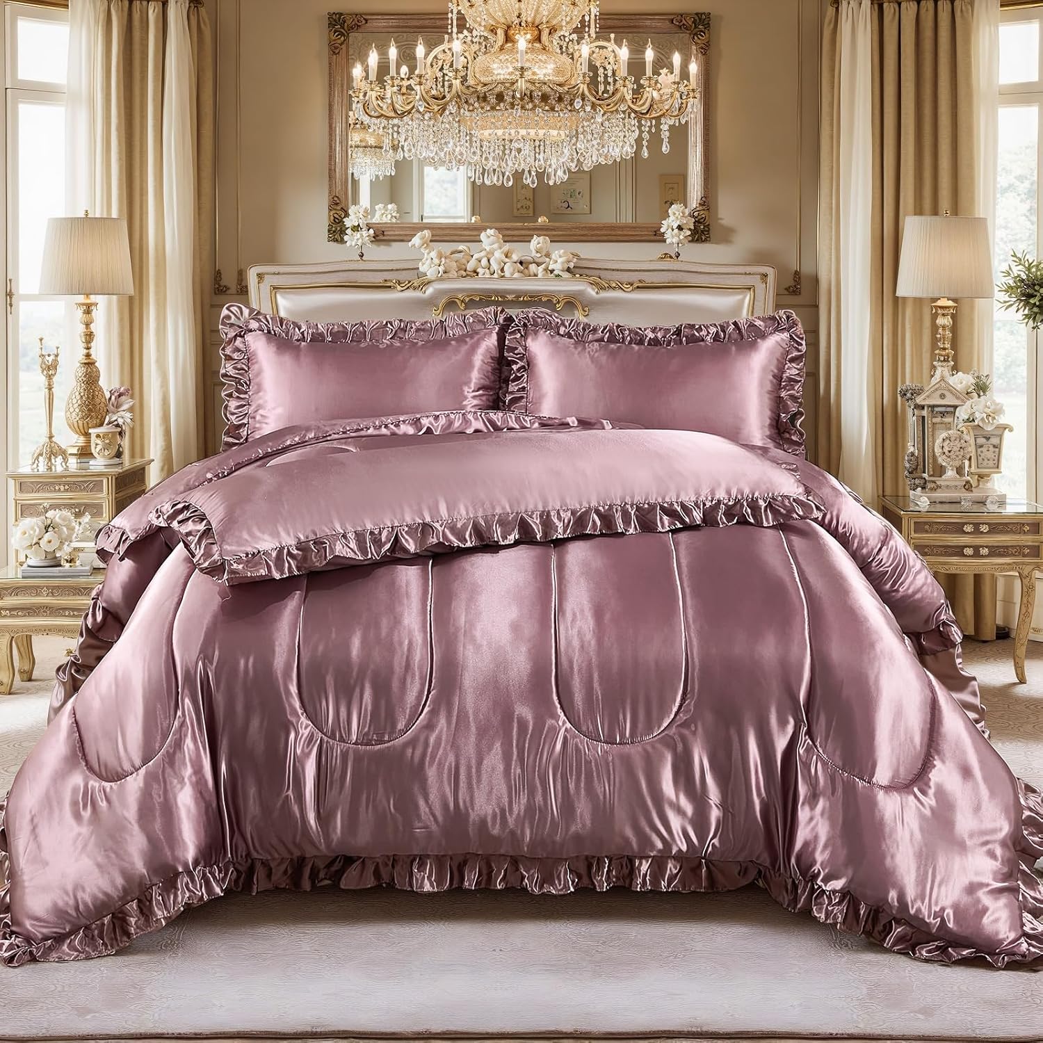 Blush Pink Queen Comforter Set Silk Like Satin Bedding Set 4 Pcs Hotel Soft Polyester Satin Bed Set Luxury Silky Body Pillow Cover Ruffle Down Comforter Home Decor