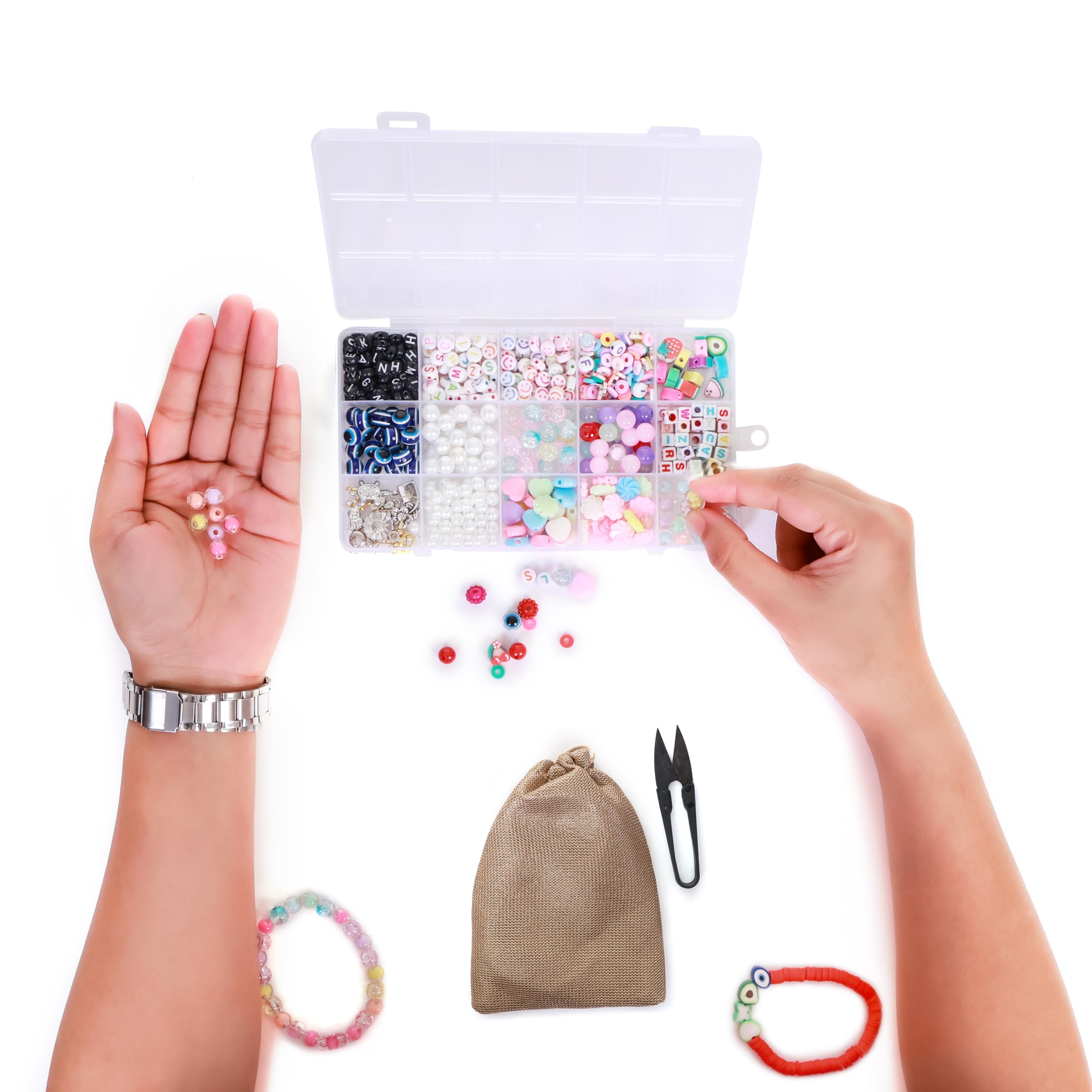 Ambitieux 15-Compartment Bracelet Making Kit for Girls & Kids – 400+ Beads Including Evil Eye, Pearl, Alphabet, Smileys, Hearts, Charms & Tools – DIY Jewelry Craft Set with Cutter, Elastic Thread & Gift Bag Birthday girls 2 3 4 5 6 7 8 9 years (All mix) - Image 6 thumbnail