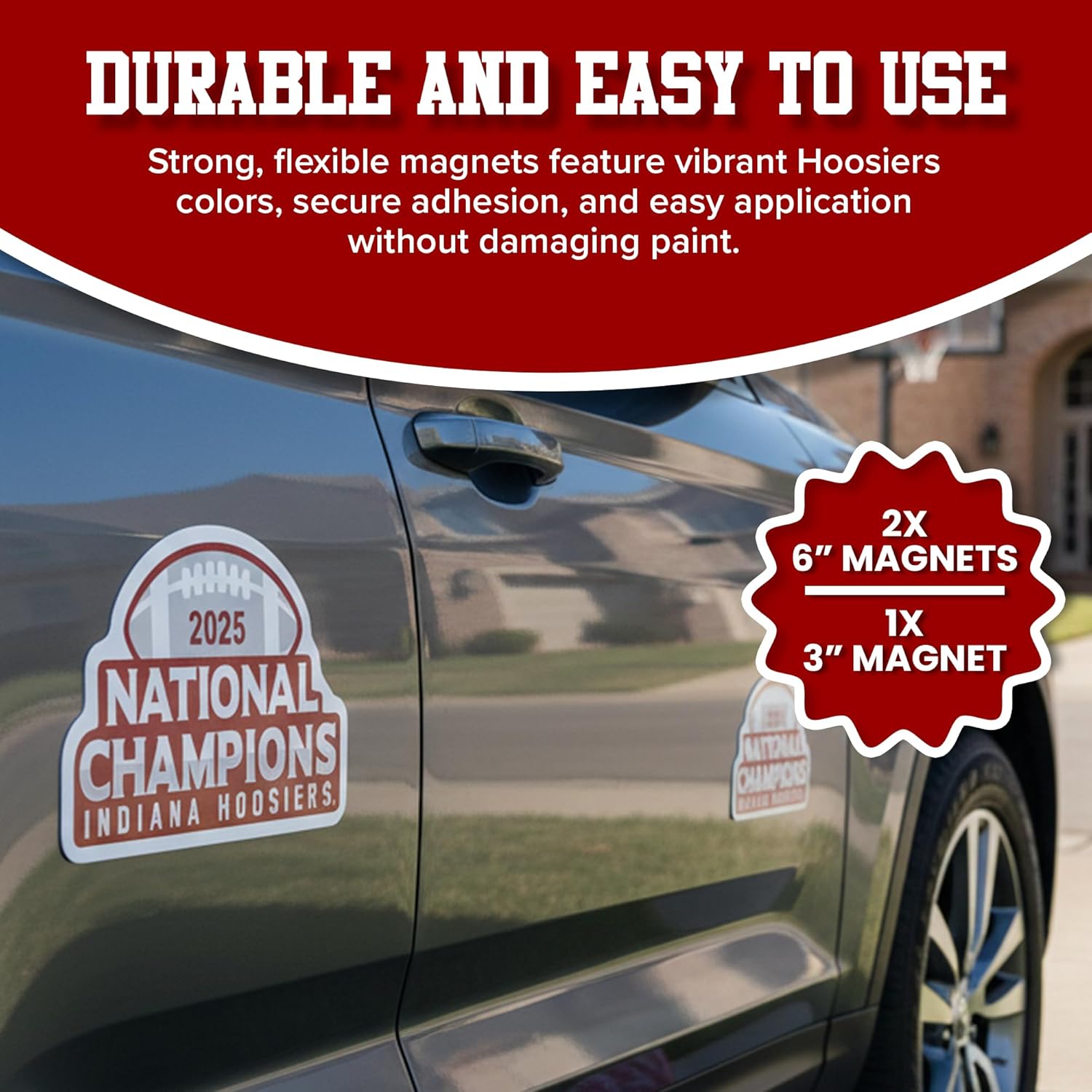 Indiana Hoosiers 2025 NCAA Football National Champions Large Auto Magnet Set, 3 Pack Durable Magnets – Two 6" and One 3"