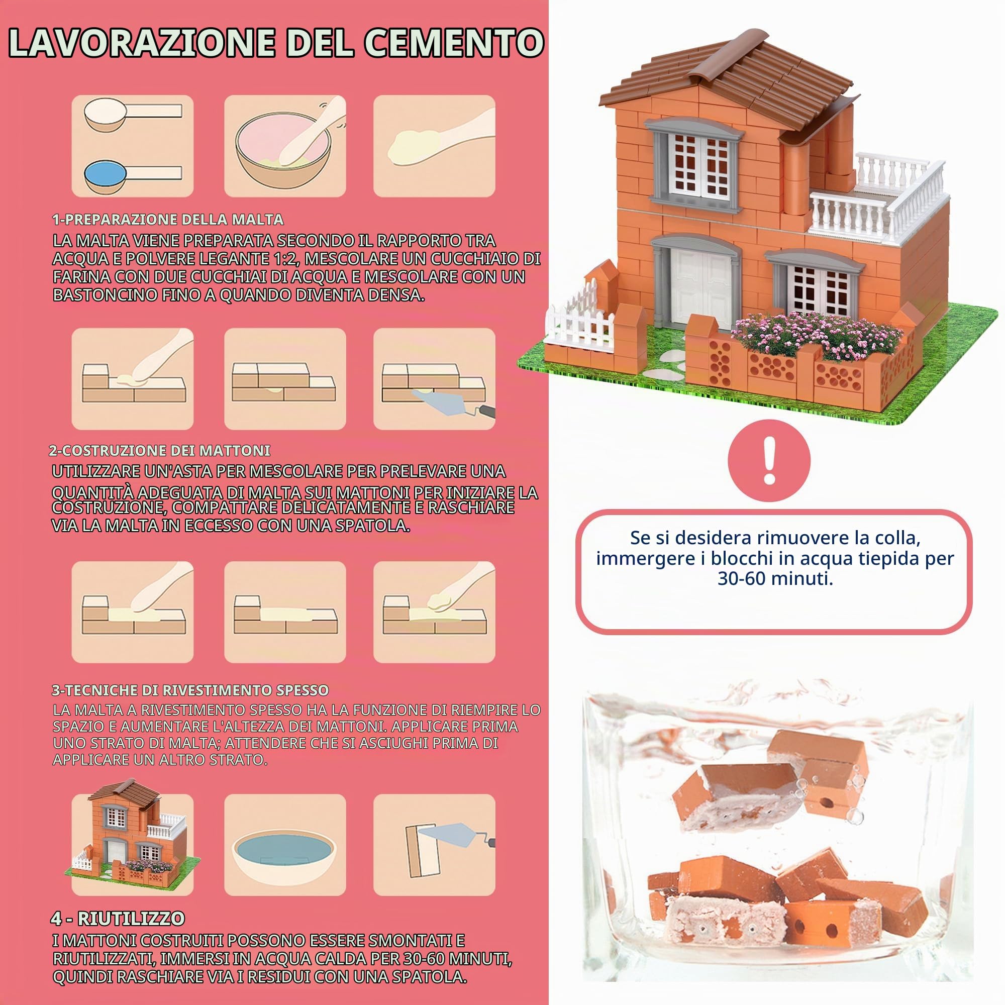 Gioco di Costruzione Casa di Mattoni con Luci | 270 Pezzi in Plastica ABS Sicuri per Bambini | Migliora le Abilità Precoci e lo Sviluppo dell'Intelligenza | Materiale Riciclabile