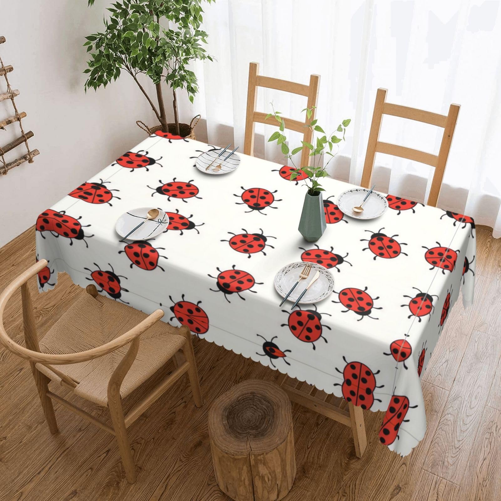 QAZWZML Ladybugs Pattern Infinite Speckled Printed tablecloth, made of thick polyester with lace trim, suitable for dining rooms, picnics, and weddings