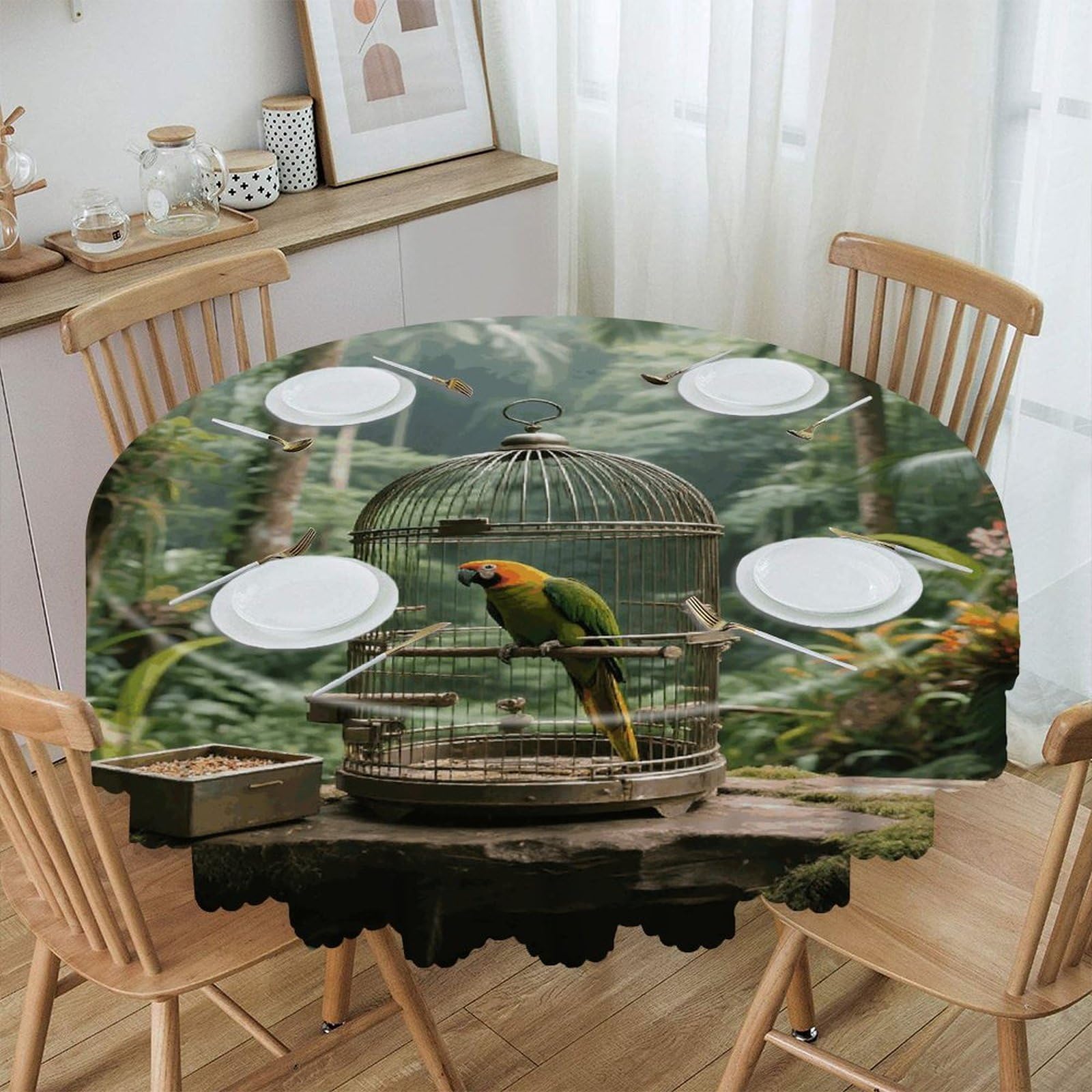 VstaDank Parrot in Rainforest Round Tablecloth Wipeable Round Polyester Tablecloth Waterproof Wrinkle Free Indoor and Outdoor Table Cover 60 Inch Decorative Farmhouse Table Cloth for Dining