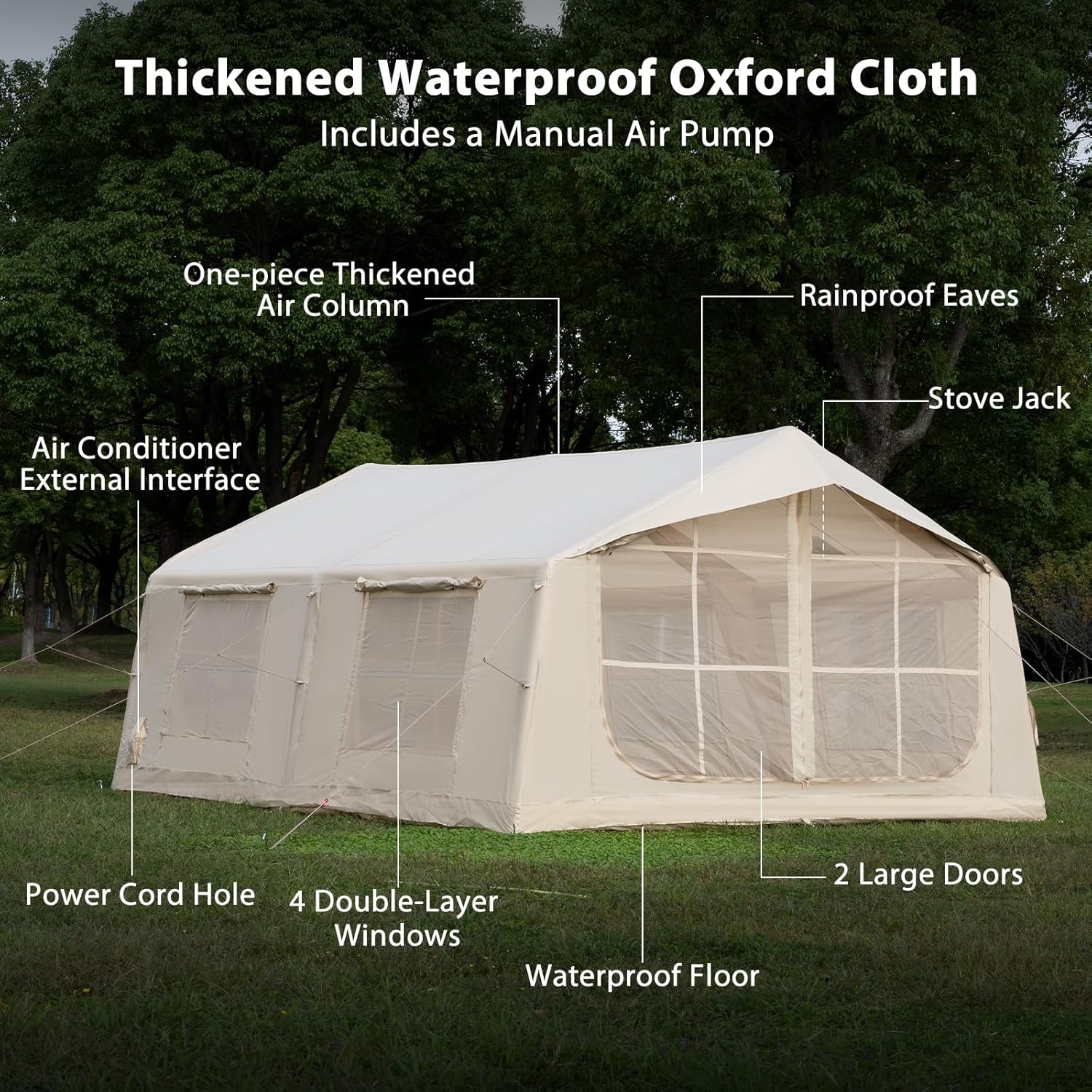 Oxford Inflatable Tent for Camping with Hand Pump, 4 Season Glamping Tents with Stove Jack for 8-12 Person, Waterproof Outdoor Party Camping Festival