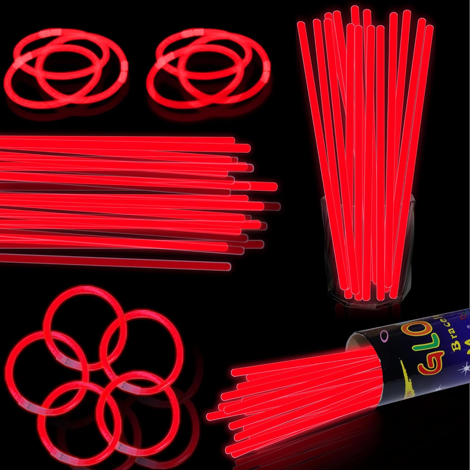 100 pk 8" glow sticks bulk party favors, light up glow necklaces & bracelets in the dark party supplies for christmas halloween 4th of july birthday neon party (100 * red)
