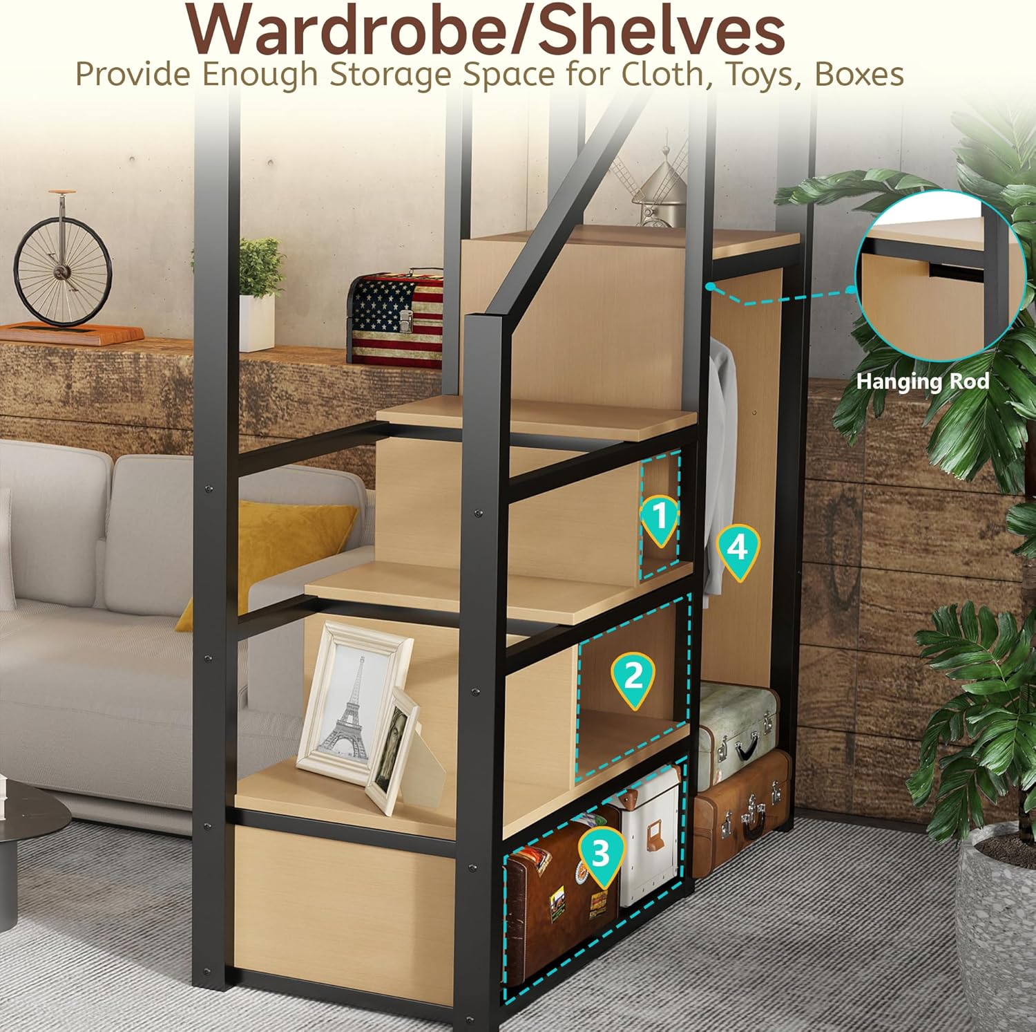 Full Size Loft Bed with Stairs and Storage, Metal Loft Bed Frame with Bedside Shelf and Large Under-Bed Space, Heavy-Duty Bed for Adults Teens and Kids, Black Full Black With Natural