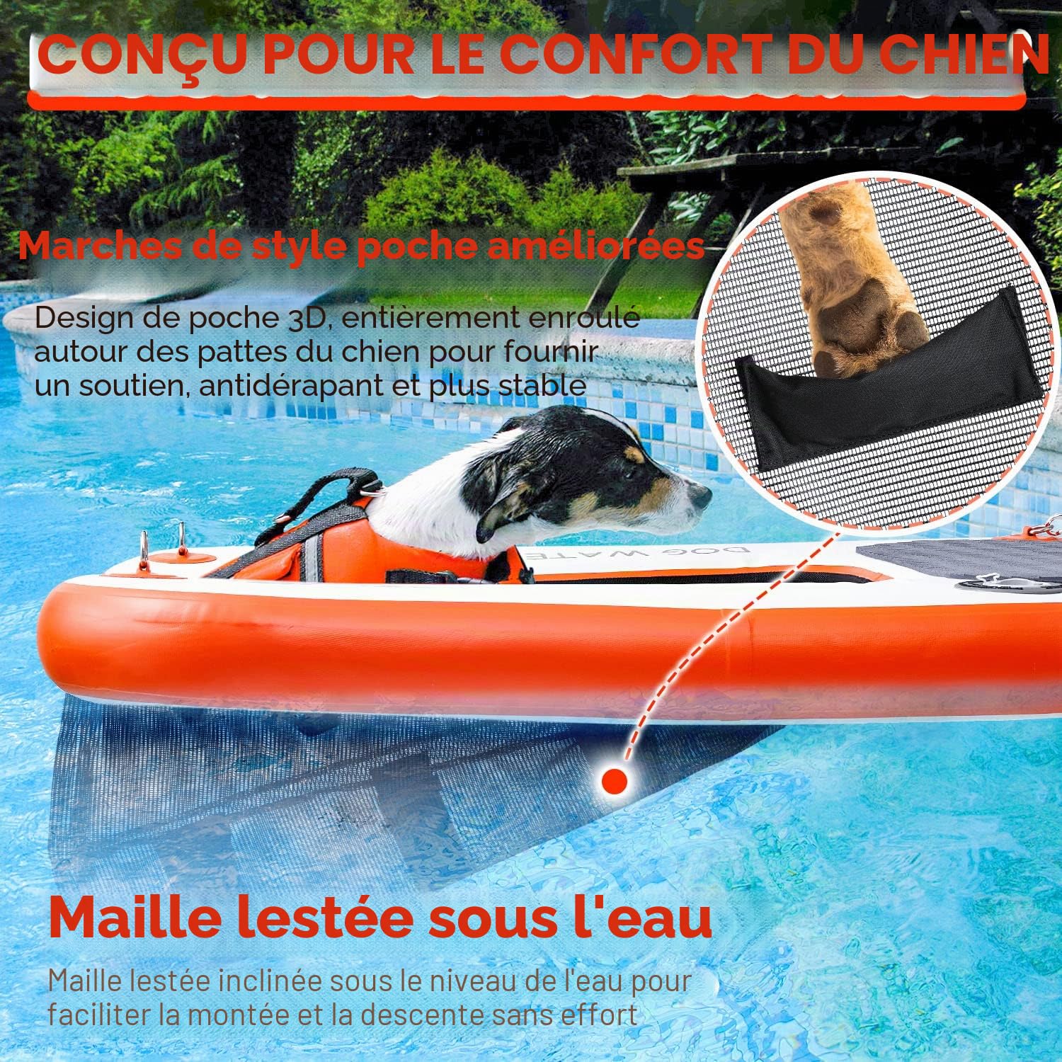 Rampe gonflable pour chien et piscine, échelle flottante extra large pour piscine, quai et bateau, rampe d'eau antidérapante pour chien avec haute stabilité, échelle de piscine pour chien de 68 kg