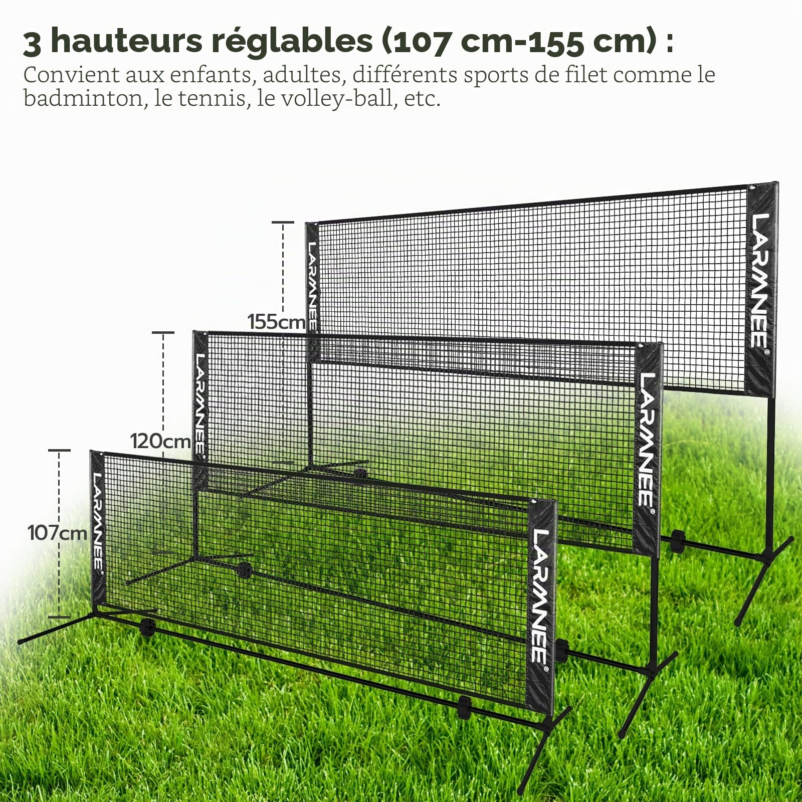 LARMNEE Filet de Badminton, Filet de Badminton Pliable, Réglable sur 3 Hauteurs, Filet de Tennis Portable, Filet de Volley Exterieur, Cadre Robuste Métal, avec Sac de Transport