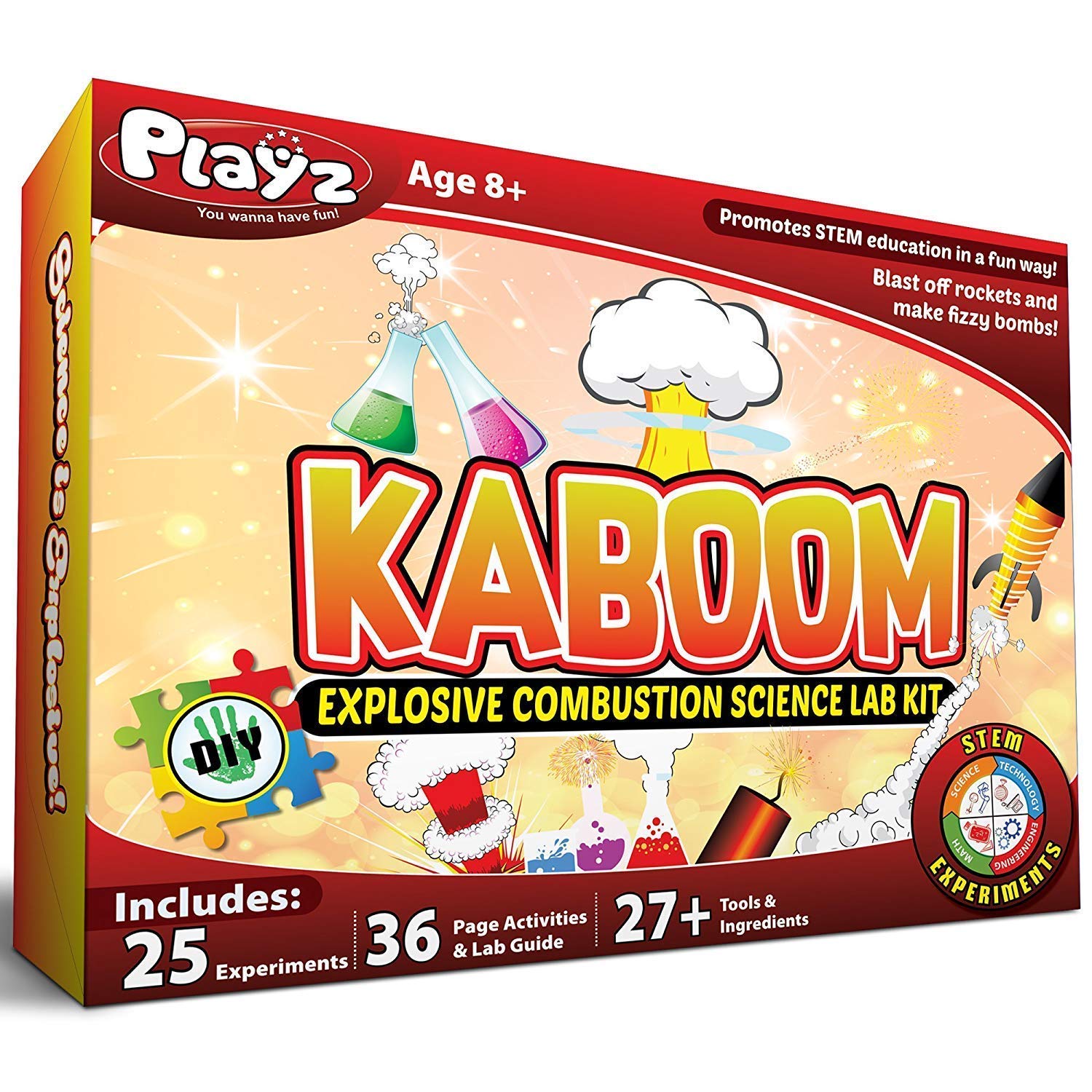 KABOOM! Explosive Science Kit for Kids - 25+ Kid Safe Exploding Combustion & Fun Chemical Reaction STEM Experiments. Make DIY Rockets, Fizzy Bombs, Color Explosions, Helium Balloons Bombs & More