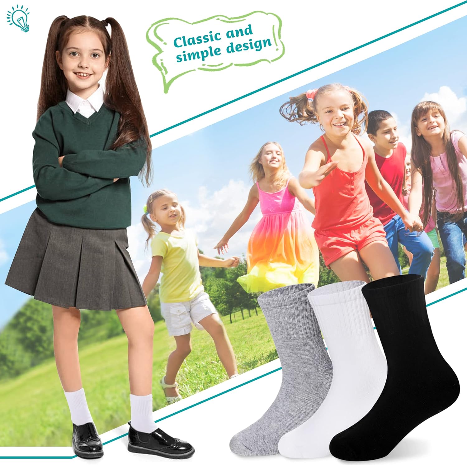 Eyean Kids Athletic Crew Socks Boys Girls Cotton School Uniform Casual Basic Socks 6 Pairs - Image 3