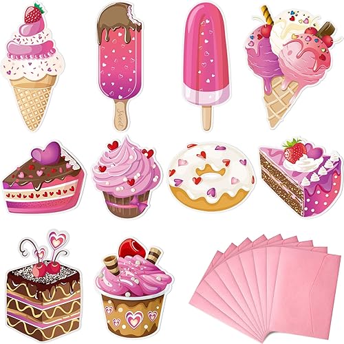 Zonon 40 juegos de tarjetas del día de San Valentín para mujeres, dona, helado, cupcake, tarjetas dulces con sobres rosados para regalos de