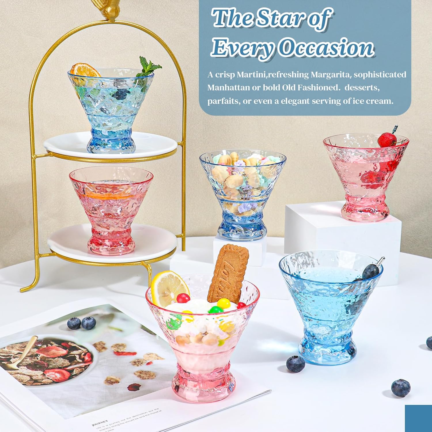 XUWAIDSGN 12 Pcs Plastic Blue Stemless Martini Glasses 10oz Martini Cocktail Glasses Reusable Crystal Cocktail Glasses Vintage Cocktail Glassware Margarit Drinking Cups Coupe Glasses (12,Blue) - Image 6