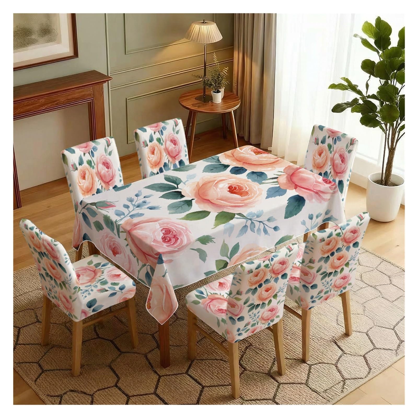 Housses de chaise et nappe rose aquarelle ensemble complet 7 pièces pour salle à manger
