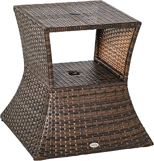 Outsunny Multi-Use Patio Rattan Wicker Coffee Table Outdoor Bistro Side Table w/Umbrella Hole Garden End Tea Table As Umbrella Stand