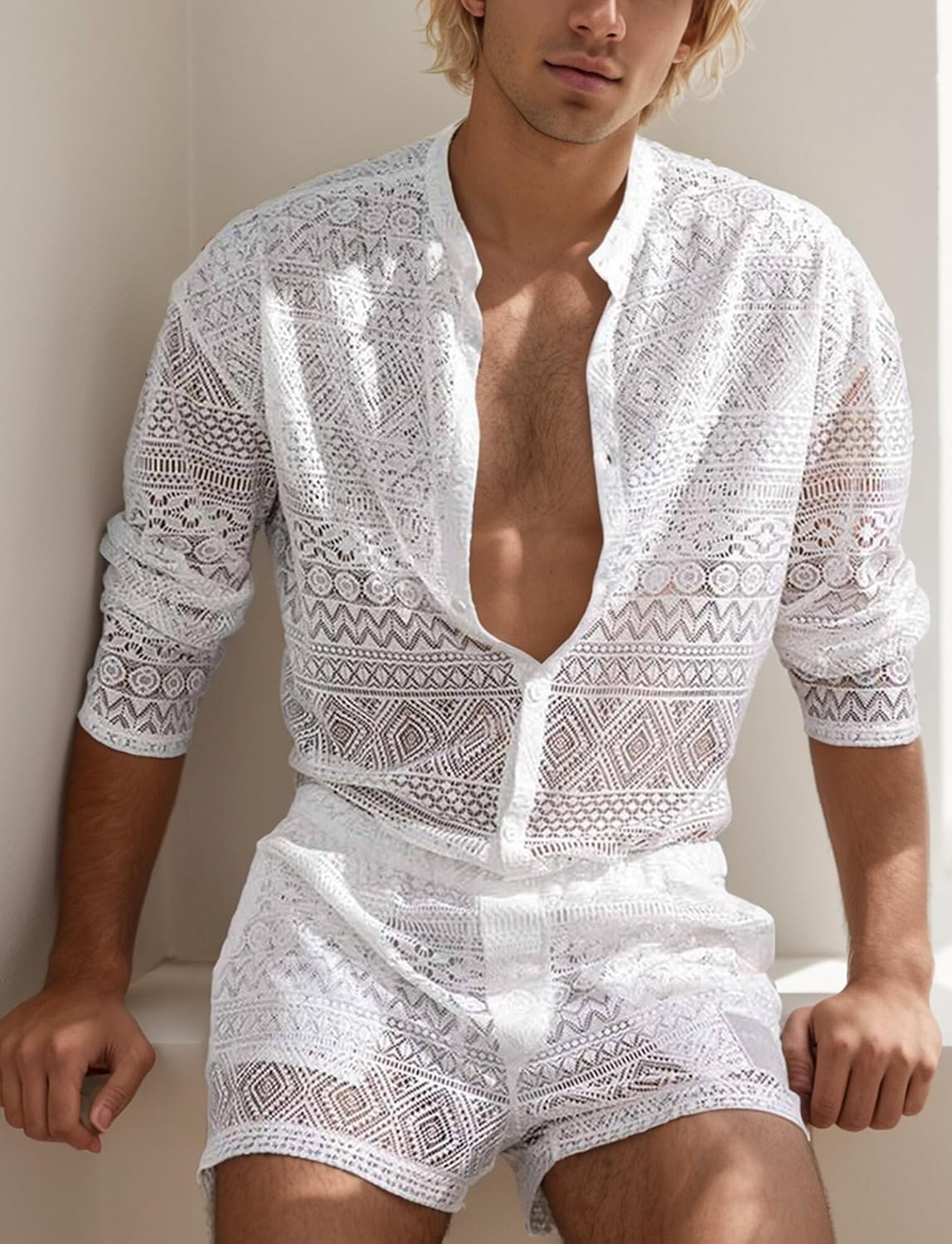FEOYA Men Lace Mesh 2 Piece Outfits See Through Casual Shirts and Shorts Hollow Out Shorts Set
