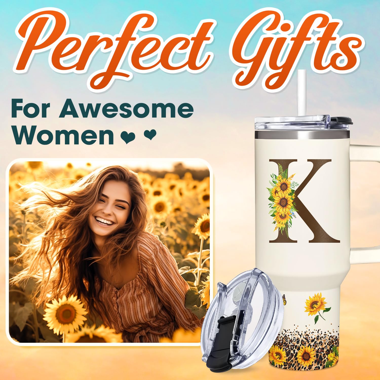 Personalized Mothers Day Gifts - Sunflower Gift For Women - Mothers Day Gifts For Mom, Sister, Daughter, Wife, Grandma - Mothers Day, Birthday Gifts For Mom, Her, Friend - Monogrammed Tumbler 40oz