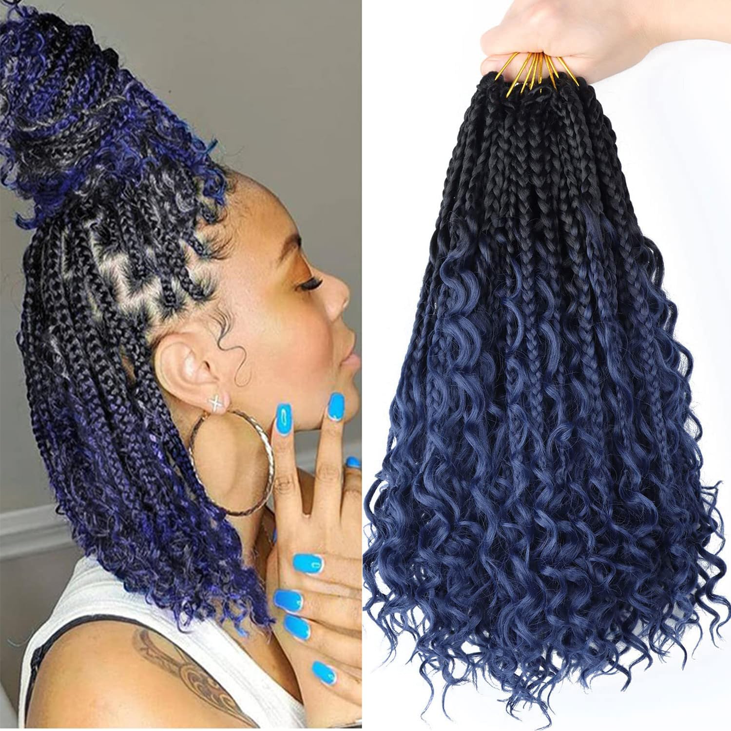 8 Packs Crochet Braids Hair Extensions Goddess Box Braids Extensions Hair Pre looped Crochet Hair Extensions for Black Women (##T1B-Blue, 14 Inch (Pack of 8))
