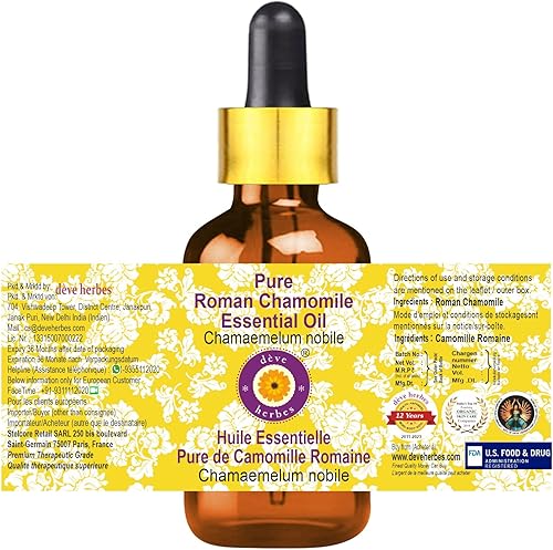 Miniatura 3 de Deve Herbes Aceite Esencial Puro de Manzanilla Romana (Chamaemelum nobile) con Gotero de Vidrio Grado Terapéutico Natural Destilado al Vapor 2ml