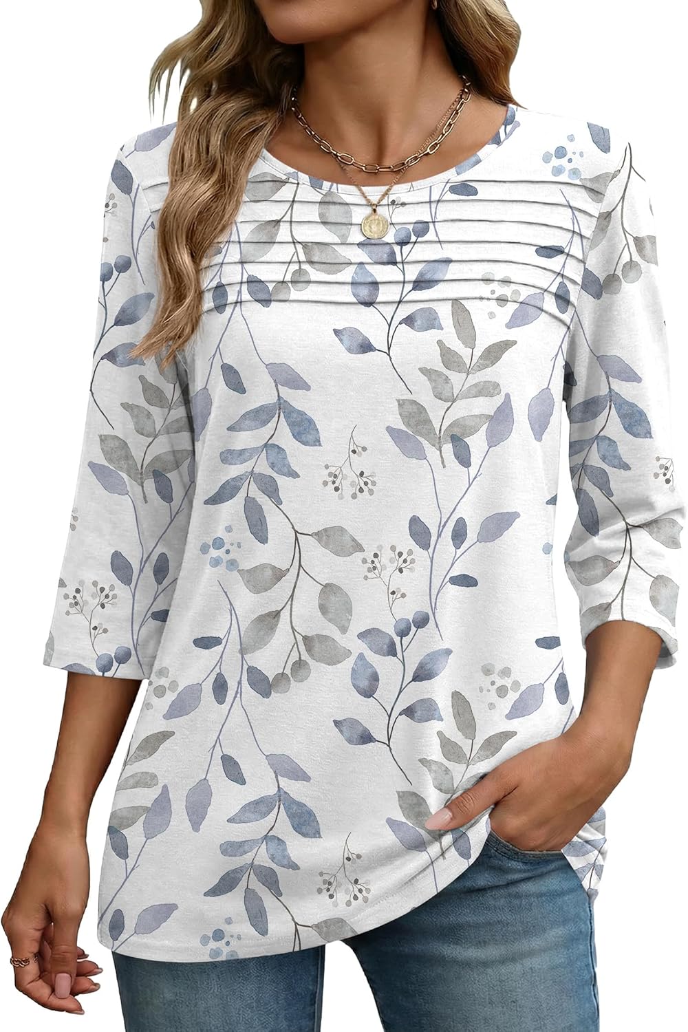 Zeagoo Womens Tops 3/4 Length Sleeve Blouses Dressy Casual Shirt Pleated Front Tunic Floral Printed Spring Clothes