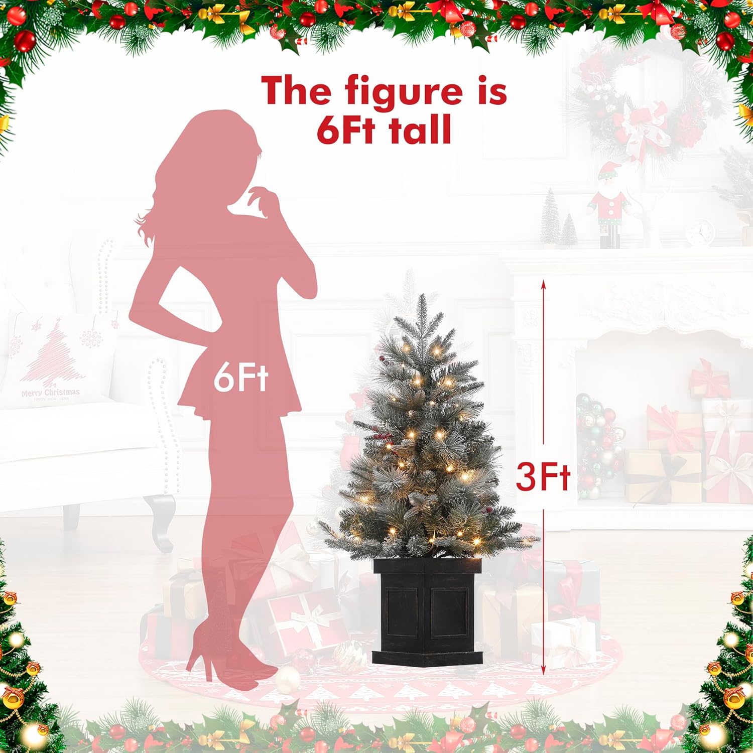 GarveeHome 3ft Small Christmas Tree 2 Set Pre-Lit Artificial Christmas Tree with 78 Led Lights, Snow Flocked Xmas Tree with Brown Base, Timer Function, Battery Operated, for Home Christmas Decor