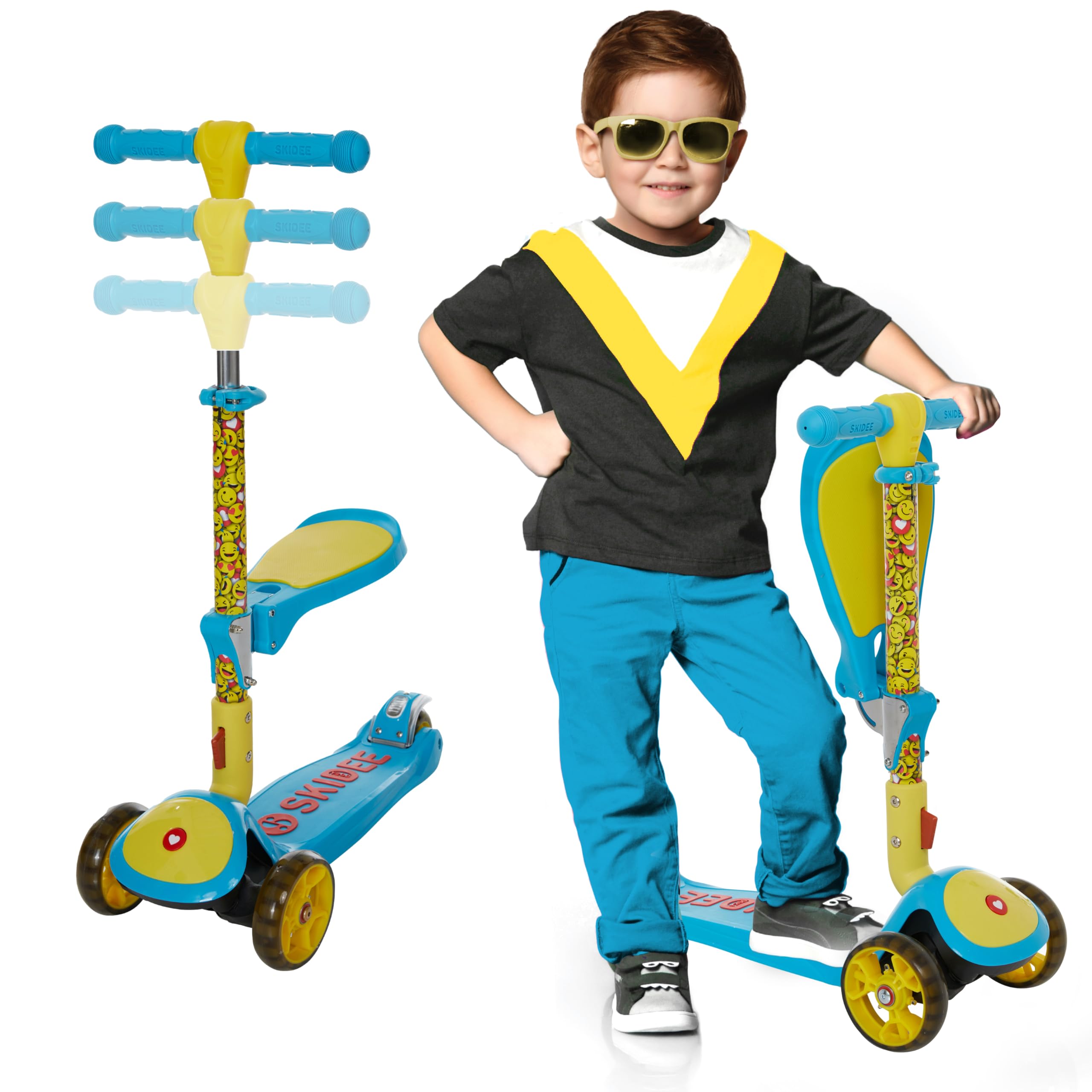 skidee kick scooter for kids 3-5 foldable 3 wheel scooter with lean-to-steer, adjustable height, removable seat & led light wheels toddler scooter for 3 to 12 year old boys/girls