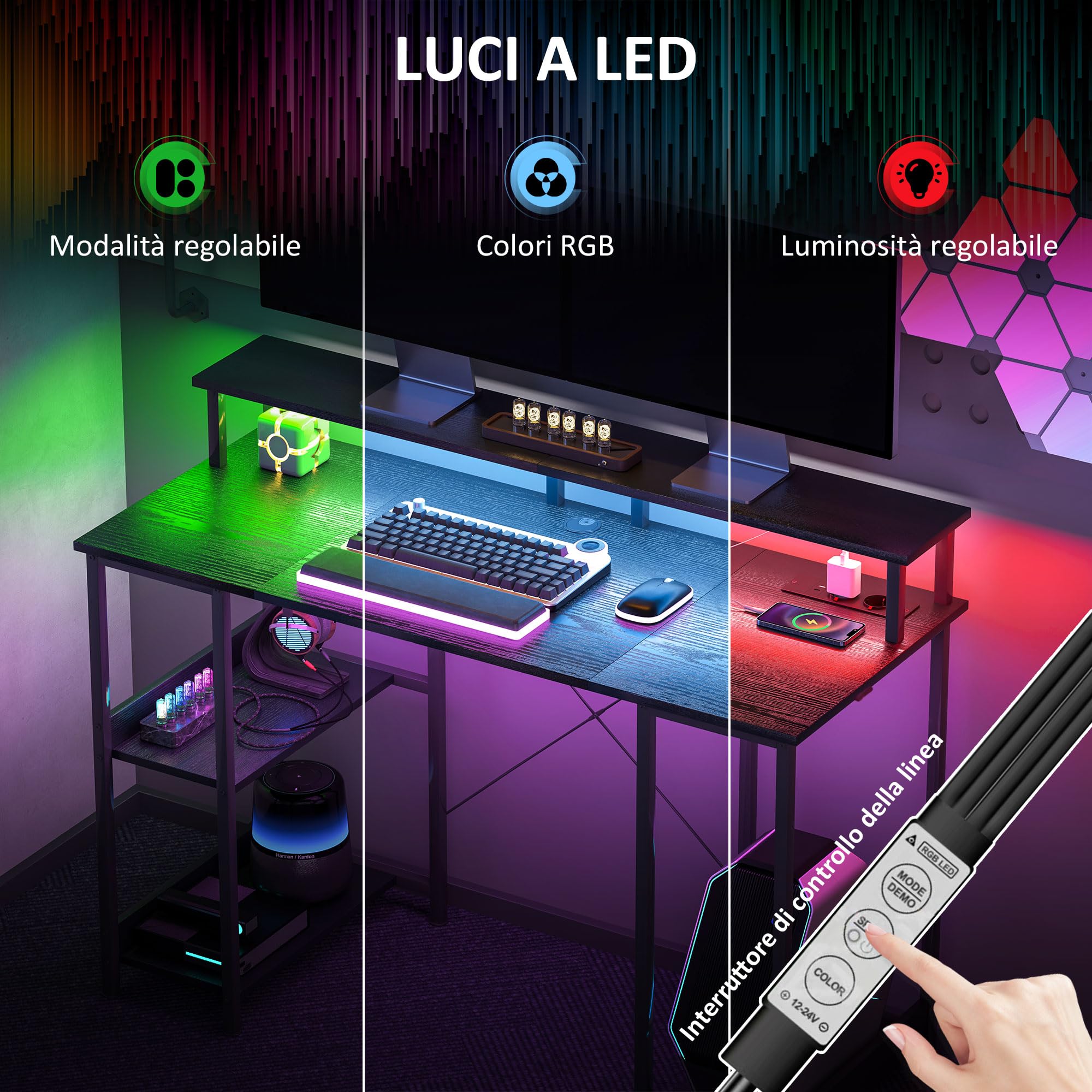 HOMCOM Scrivania per Computer Reversibile Ripiani, 120x50 cm Scrivania da Ufficio con Prese Elettriche e Luci LED, Tavolo Porta PC da Studio con Doppio Supporto per Monitor, Nero