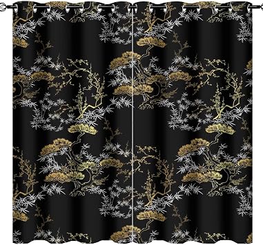 Cool Japanese Blackout Curtains for Bedroom,Modern Black Gold Japanese Chinese Pine Pattern Room Darkening Window Curtains with Grommets - 2 Panels 84L x 42W