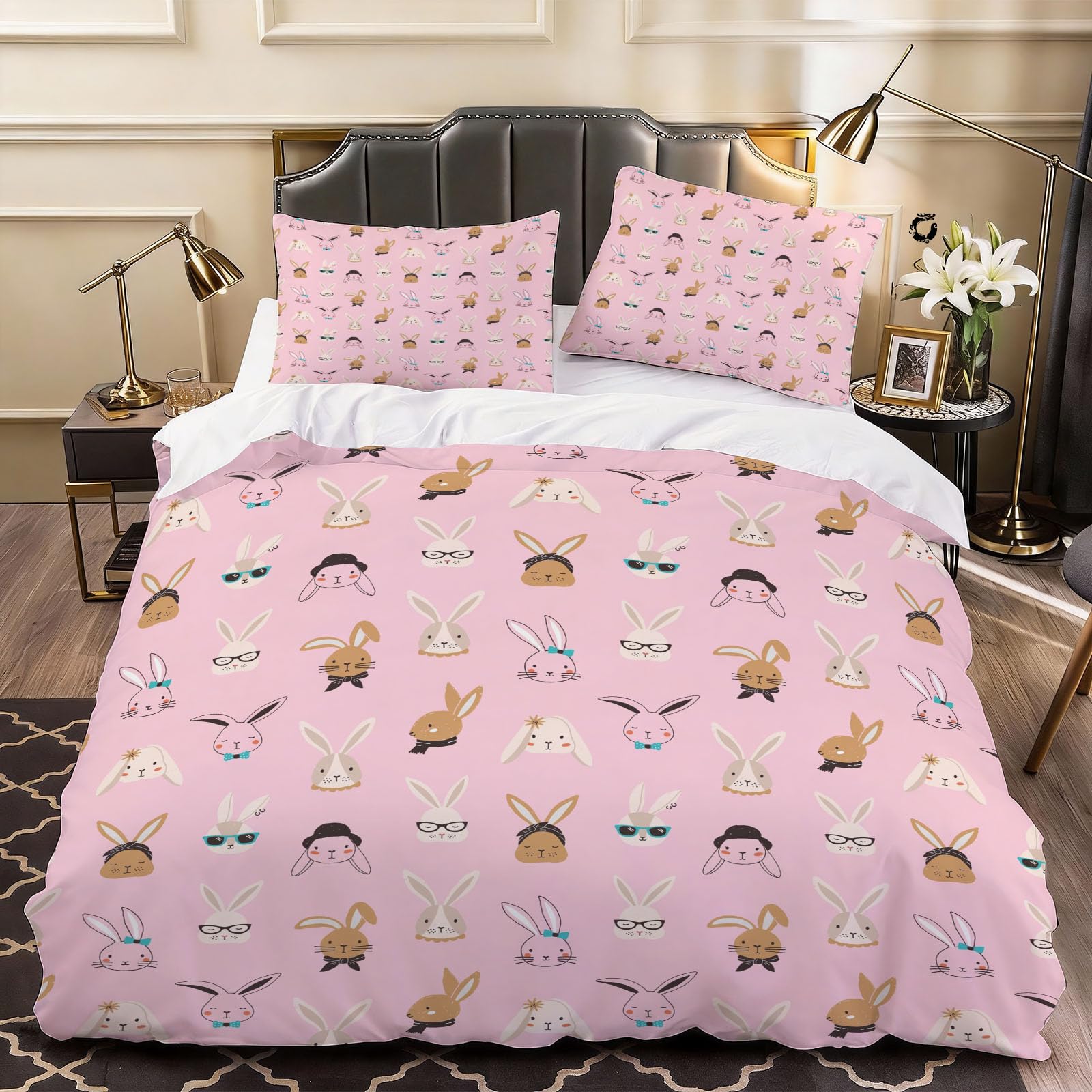 3D Cute Rabbit Duvet Cover Cute Bedding Double Bed Set, Soft Microfiber Comforter Cover Printed with Zipper Closure Quilt Coverr 200x200 cm and 2 Pillowcases